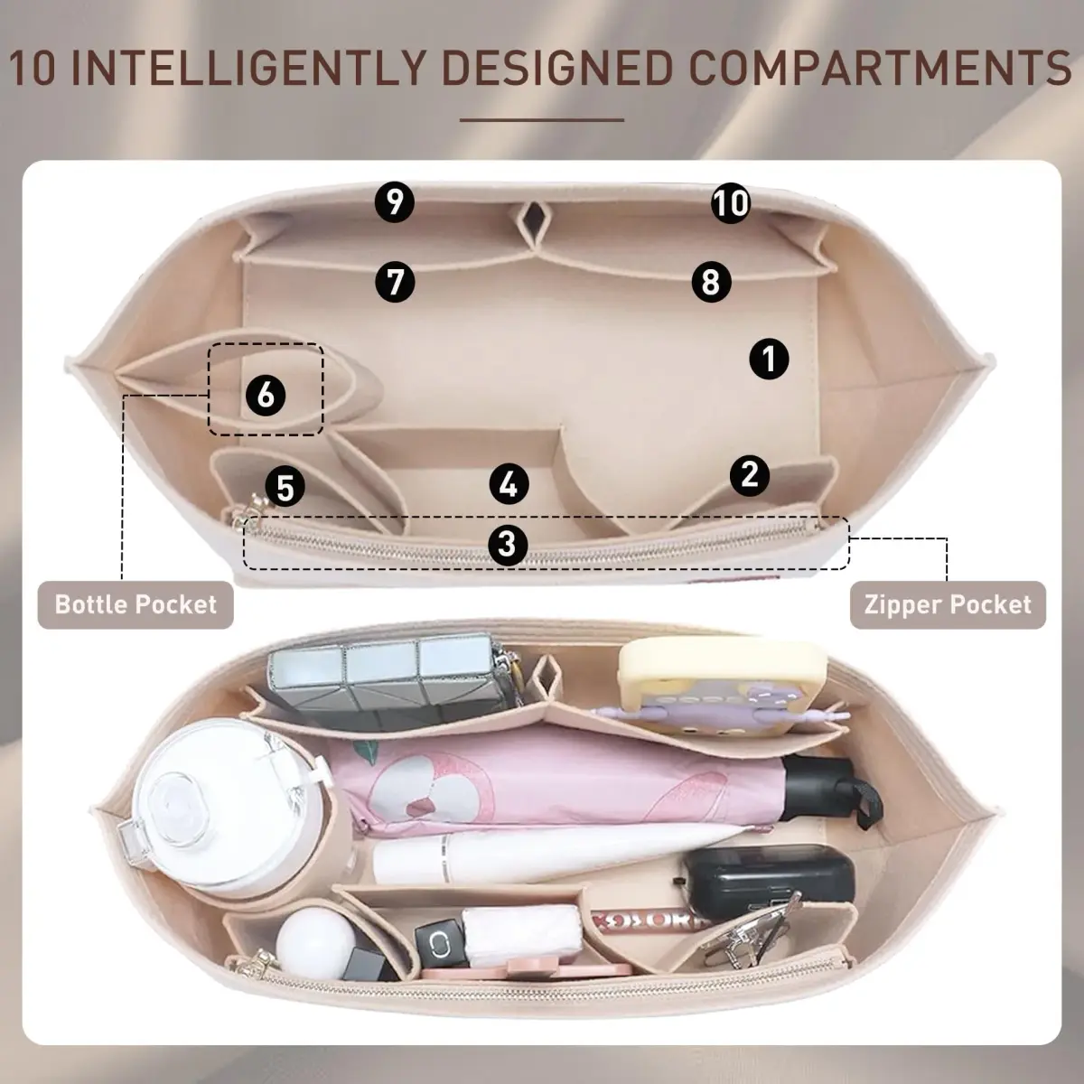 Doxo Purse Organizer Insert & Base Shaper 2pc Set, Felt Tote Bag Organizer with Zipper Pocket & Bottle Holder, 27cm (10.6") | Fits Neverfull PM & Speedy 30 - view 5