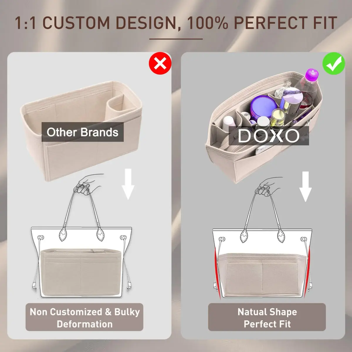 Doxo Purse Organizer Insert & Base Shaper 2pc Set, Felt Tote Bag Organizer with Zipper Pocket & Bottle Holder, 27cm (10.6") | Fits Neverfull PM & Speedy 30 - view 6