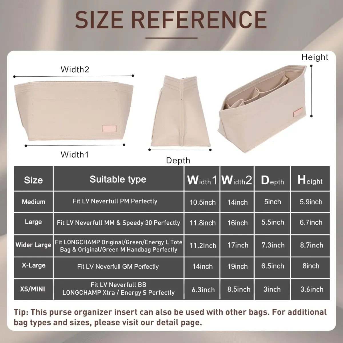Doxo Purse Organizer Insert & Base Shaper 2pc Set, Felt Tote Bag Organizer with Zipper Pocket & Bottle Holder, 27cm (10.6") | Fits Neverfull PM & Speedy 30 - view 2