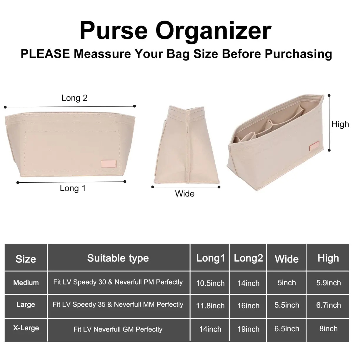 Doxo Purse Organizer Insert & Base Shaper 2pc Set, Felt Tote Bag Organizer with Zipper Pocket & Bottle Holder, 27cm (10.6") | Fits Neverfull PM & Speedy 30 - view 3