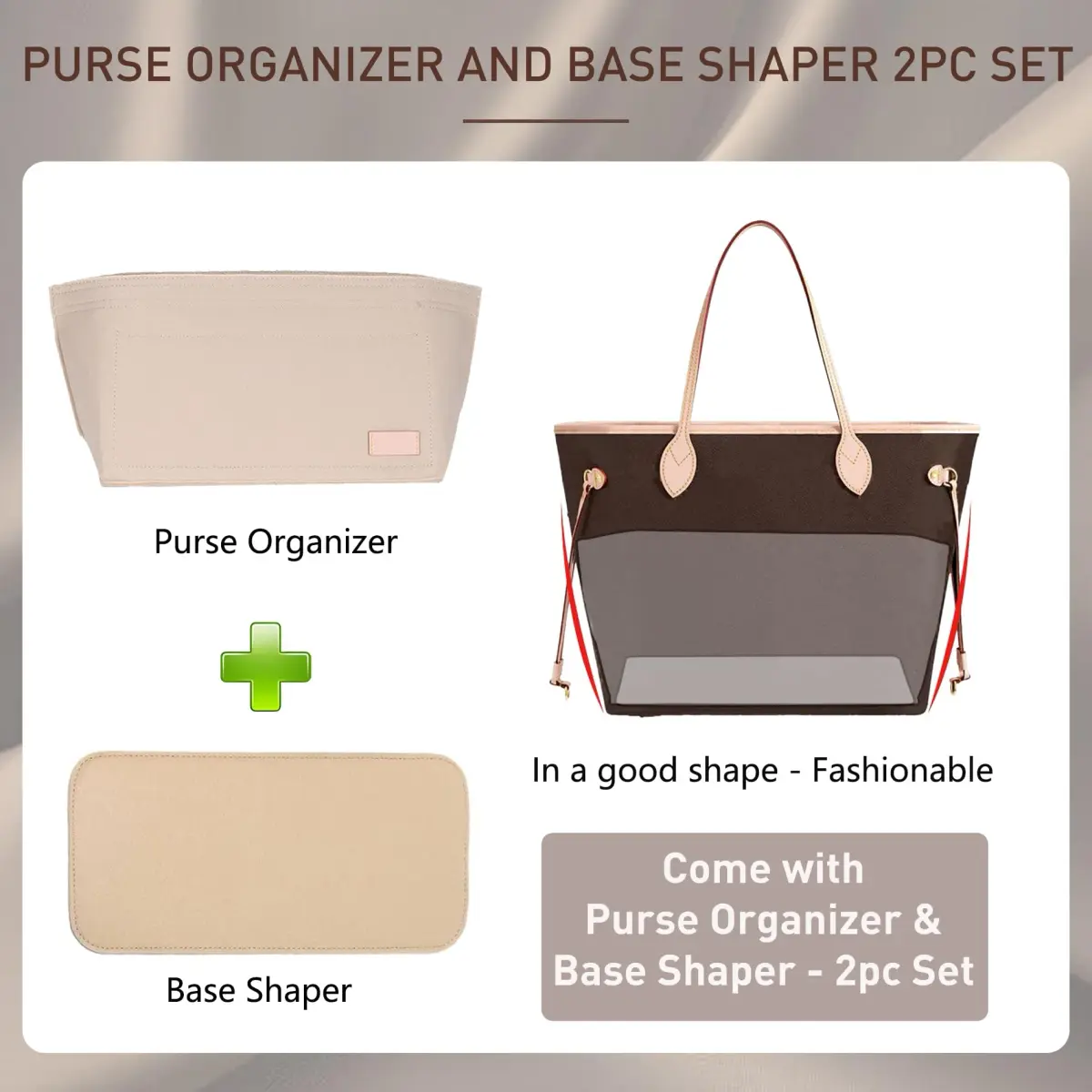 Doxo Purse Organizer Insert & Base Shaper 2pc Set, Felt Tote Bag Organizer with Zipper Pocket & Bottle Holder, 27cm (10.6") | Fits Neverfull PM & Speedy 30 - view 4