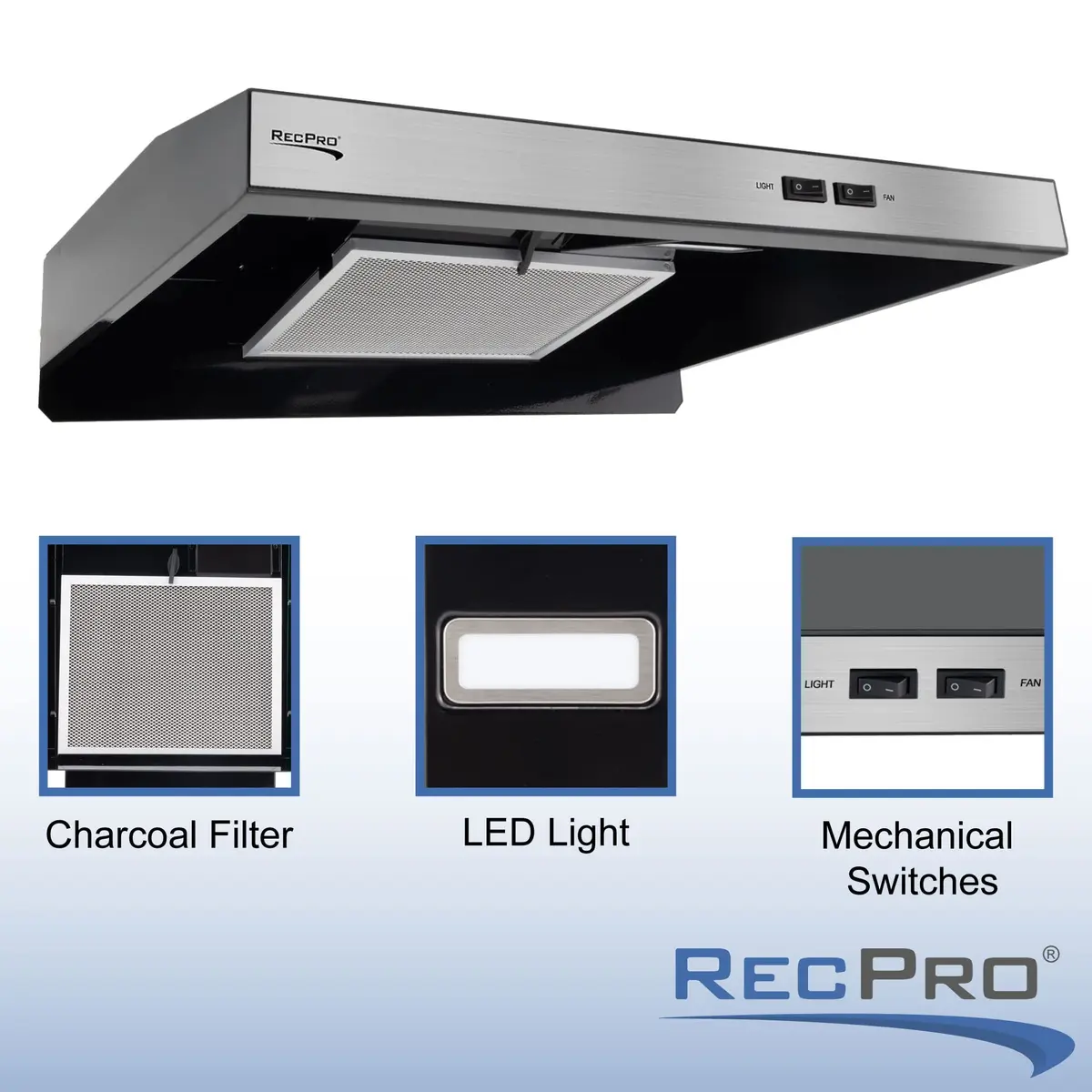 RecPro RV Range Hood Stainless Steel 53.34cm (21in) W x 48.26cm (19in) D x 8.26cm (3.25in) H | 12V DC Hard-Wired Installation with Charcoal Filter & LED Light - view 5