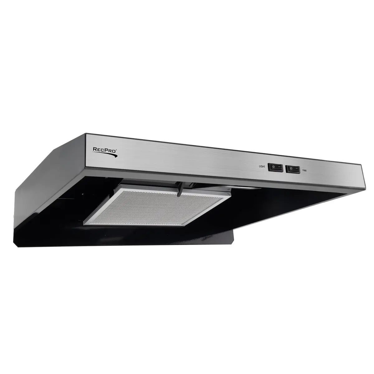 RecPro RV Range Hood Stainless Steel 53.34cm (21in) W x 48.26cm (19in) D x 8.26cm (3.25in) H | 12V DC Hard-Wired Installation with Charcoal Filter & LED Light - view 2