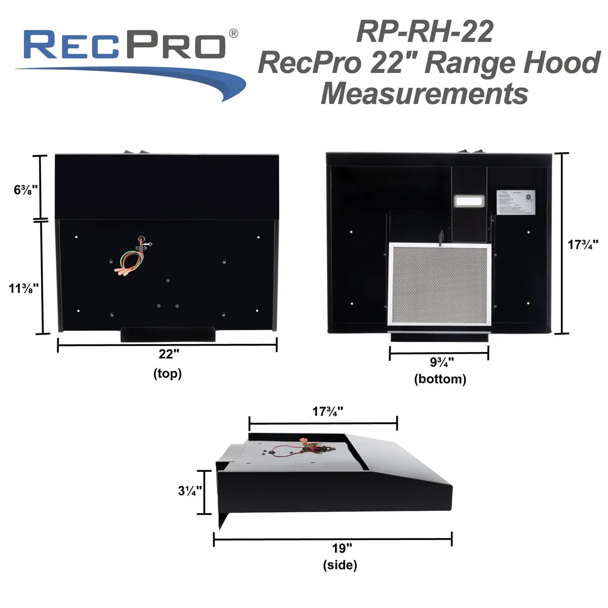 RecPro RV Range Hood Stainless Steel 53.34cm (21in) W x 48.26cm (19in) D x 8.26cm (3.25in) H | 12V DC Hard-Wired Installation with Charcoal Filter & LED Light - view 3