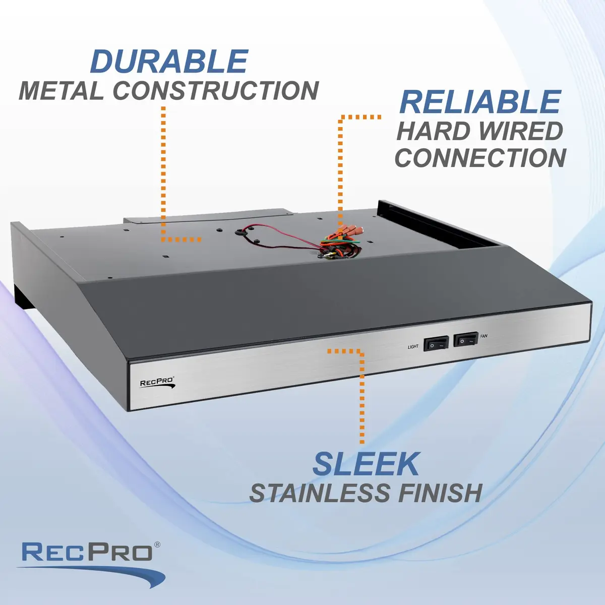 RecPro RV Range Hood Stainless Steel 53.34cm (21in) W x 48.26cm (19in) D x 8.26cm (3.25in) H | 12V DC Hard-Wired Installation with Charcoal Filter & LED Light - view 4