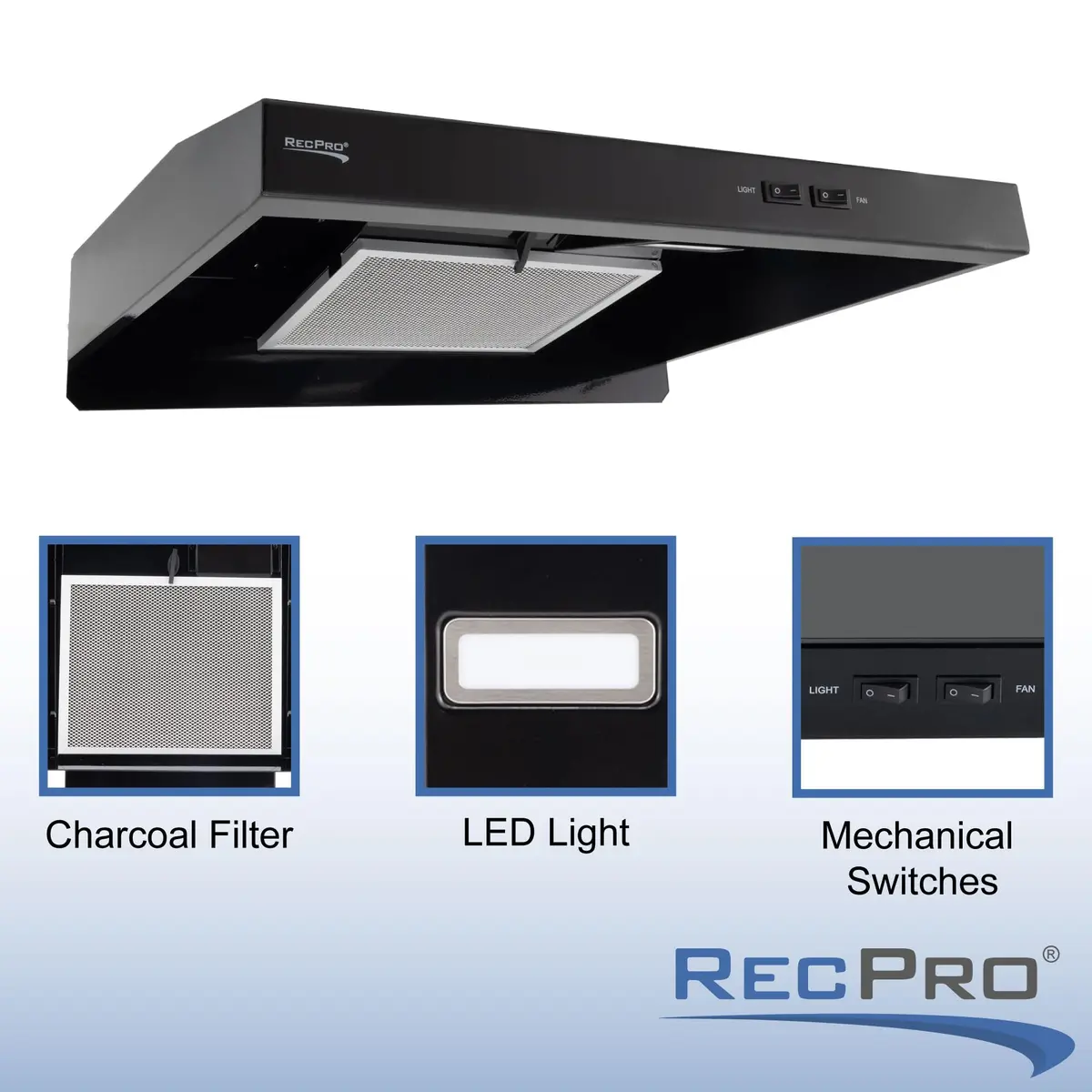 RecPro RV Range Hood Black 52.8cm (22"W x 19"D x 3 1/4"H) | 12V DC Hard-Wired Installation with Charcoal Filter & LED Light - view 2
