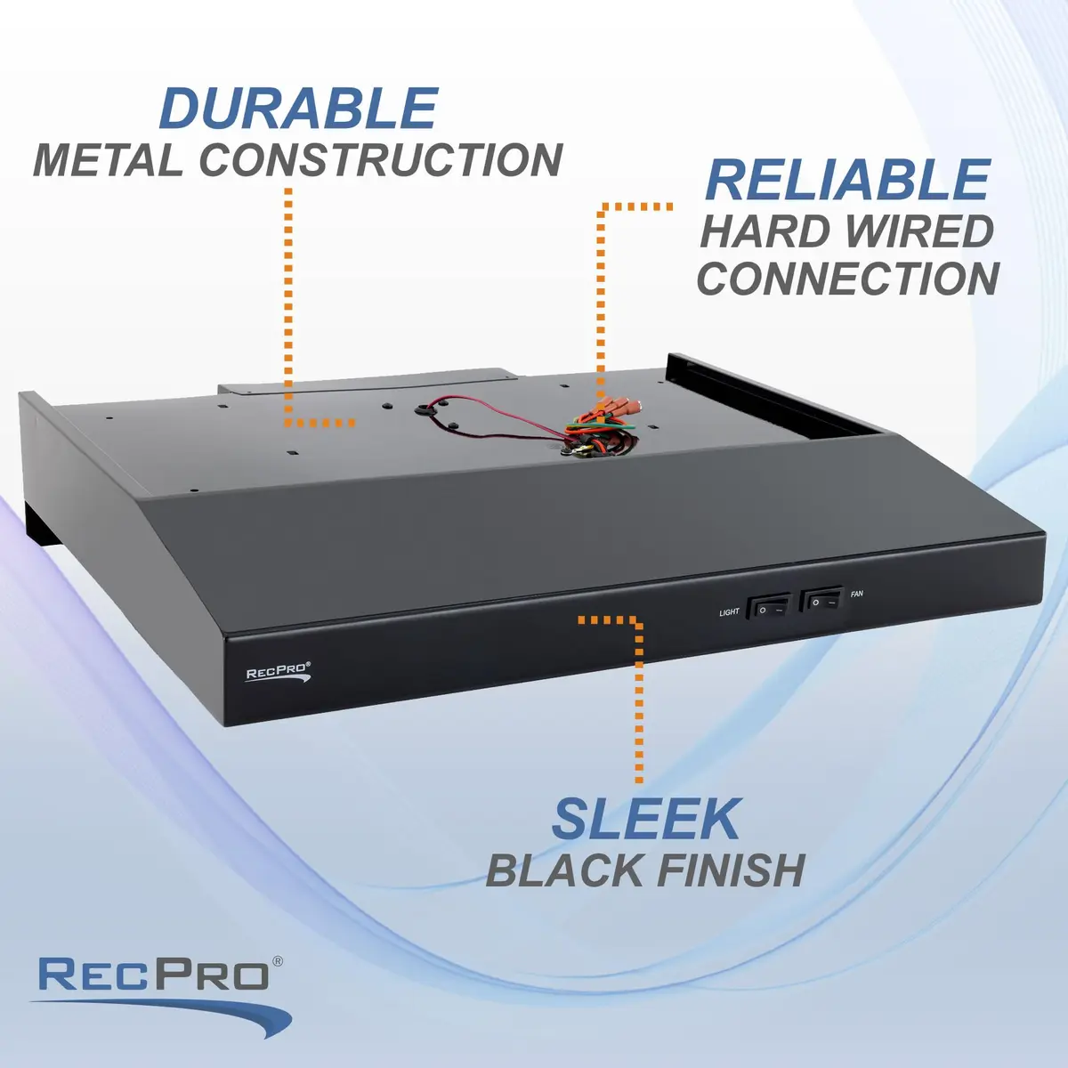 RecPro RV Range Hood Black 52.8cm (22"W x 19"D x 3 1/4"H) | 12V DC Hard-Wired Installation with Charcoal Filter & LED Light - view 3
