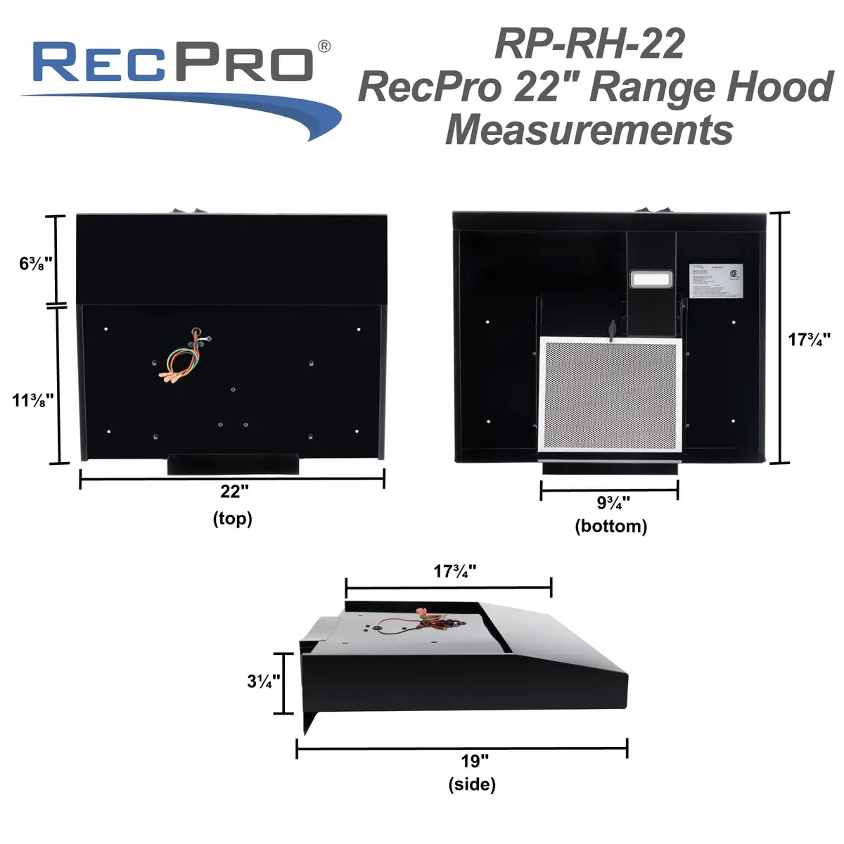 RecPro RV Range Hood Black 52.8cm (22"W x 19"D x 3 1/4"H) | 12V DC Hard-Wired Installation with Charcoal Filter & LED Light - view 4