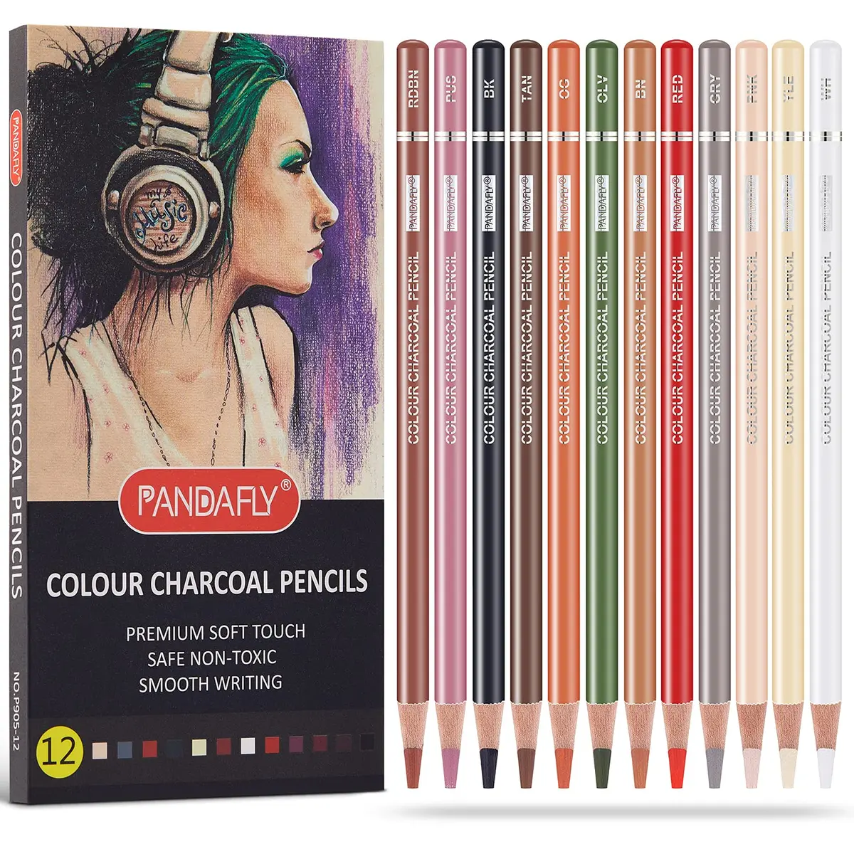 PANDAFLY Professional Colored Charcoal Pencils Drawing Set 12 Colors | Non-Toxic Art Drawing Pencils - main product image