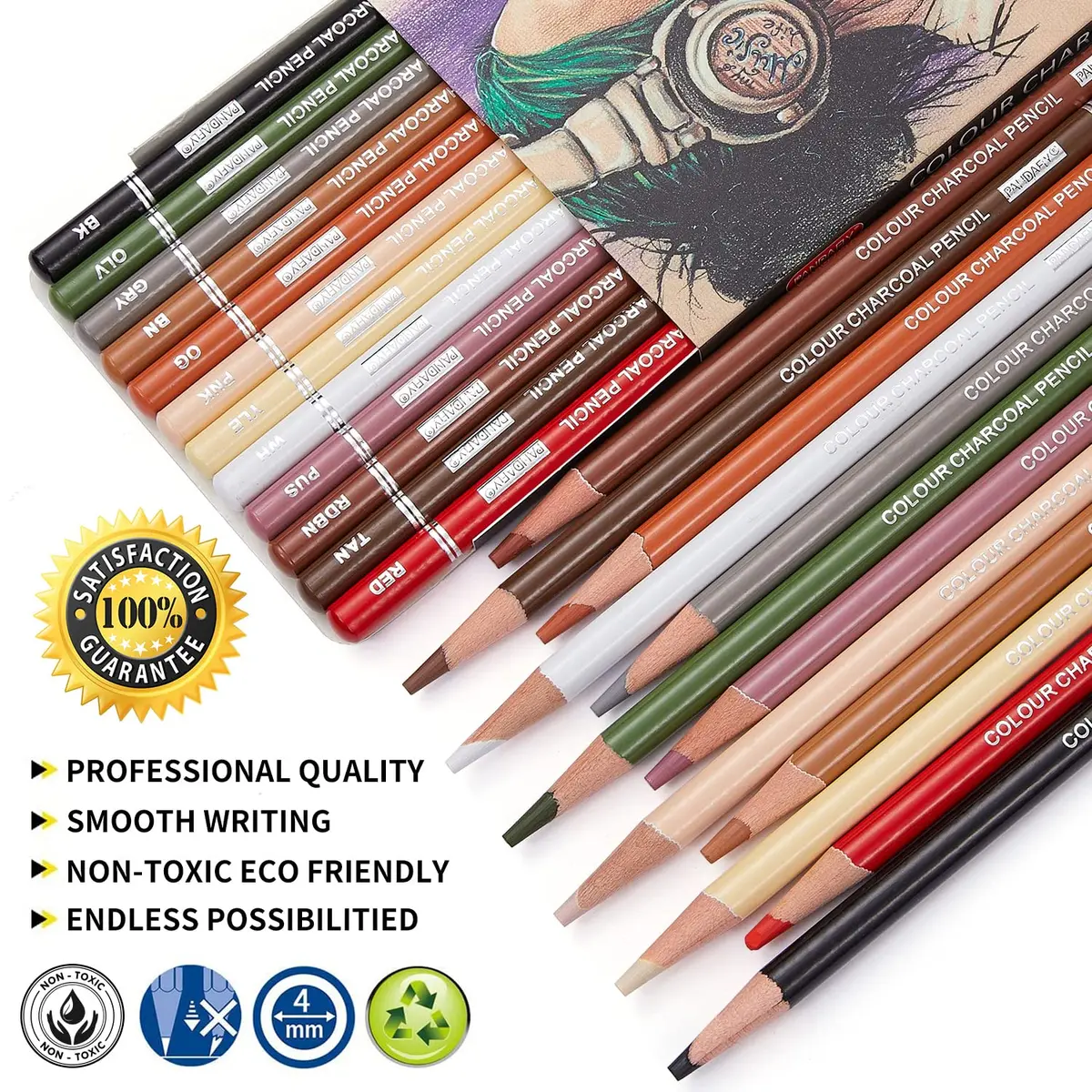 PANDAFLY Professional Colored Charcoal Pencils Drawing Set 12 Colors | Non-Toxic Art Drawing Pencils - view 2