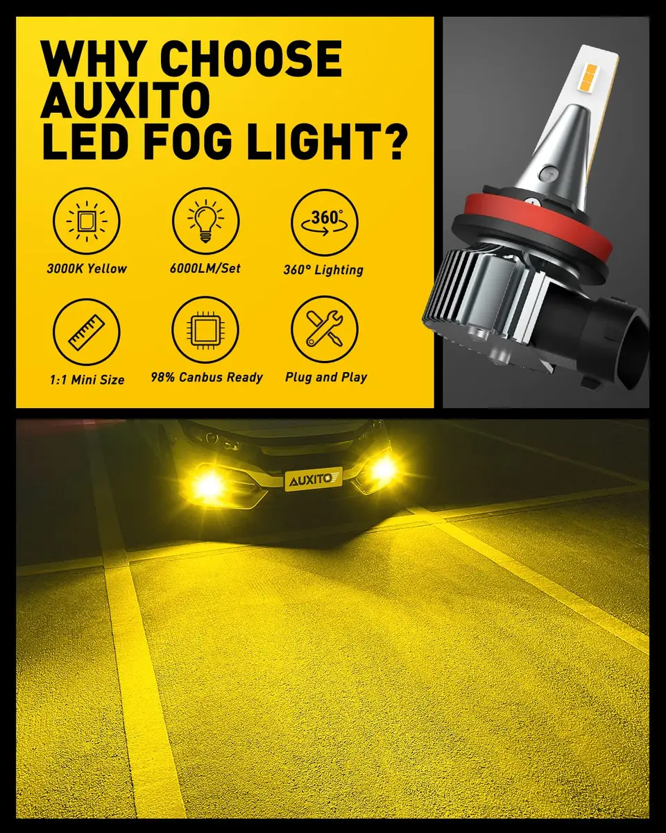 AUXITO H8 H11 H16 LED Fog Light Bulbs 2-Pack | 3000K Amber Yellow, 15W Low Power, 30000hr Lifespan - view 7