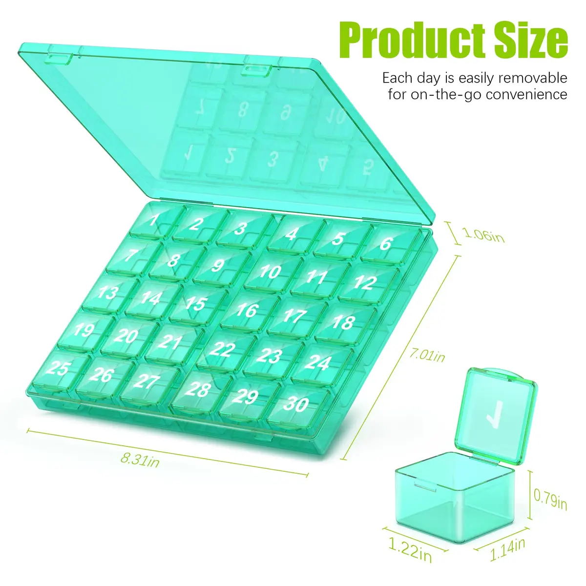 DOHIMGIO 30-Day Pill Organizer Box with Large Compartments | Easy Open Green Case for Vitamins & Medicine - view 7