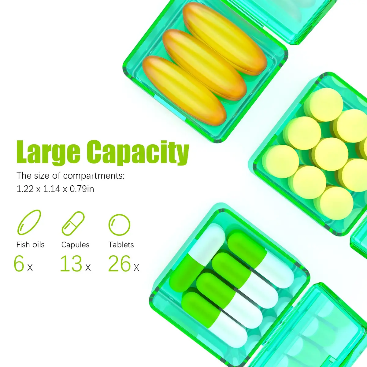 DOHIMGIO 30-Day Pill Organizer Box with Large Compartments | Easy Open Green Case for Vitamins & Medicine - view 3