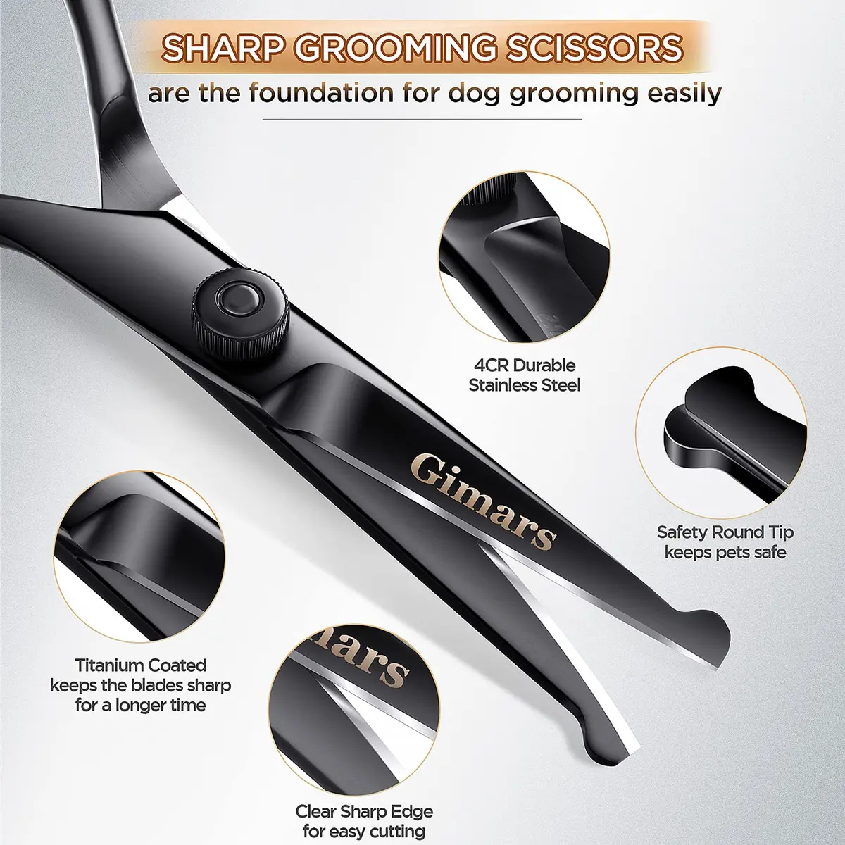 Gimars 7inch Professional 4CR Stainless Steel 6 in 1 Grooming Scissors for Dogs with Safety Round Tip | Heavy Duty Titanium Coated Pet Grooming Shears - view 3