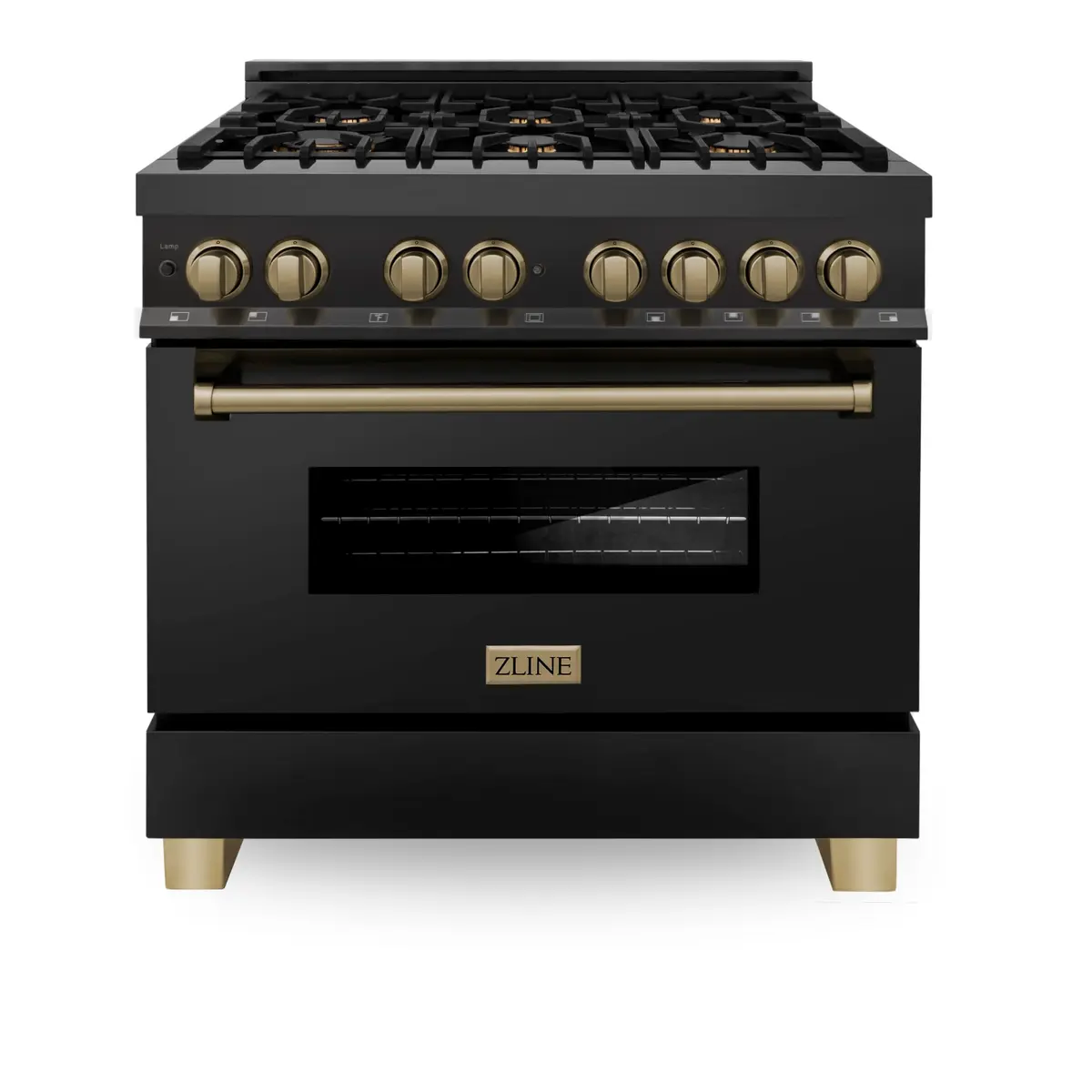 ZLINE Autograph Edition 36 in. 4.6 cu. ft. Dual Fuel Range with 6 Burner Gas Cooktop and Electric Convection Oven in Black Stainless Steel and Champagne Bronze Accents - main product image