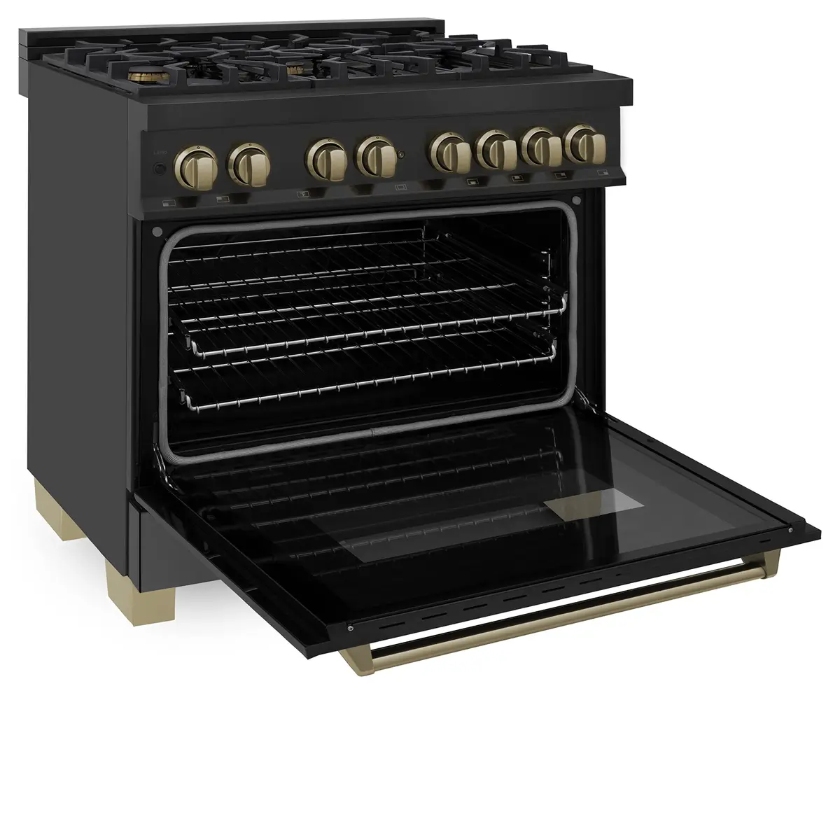 ZLINE Autograph Edition 36 in. 4.6 cu. ft. Dual Fuel Range with 6 Burner Gas Cooktop and Electric Convection Oven in Black Stainless Steel and Champagne Bronze Accents - view 2