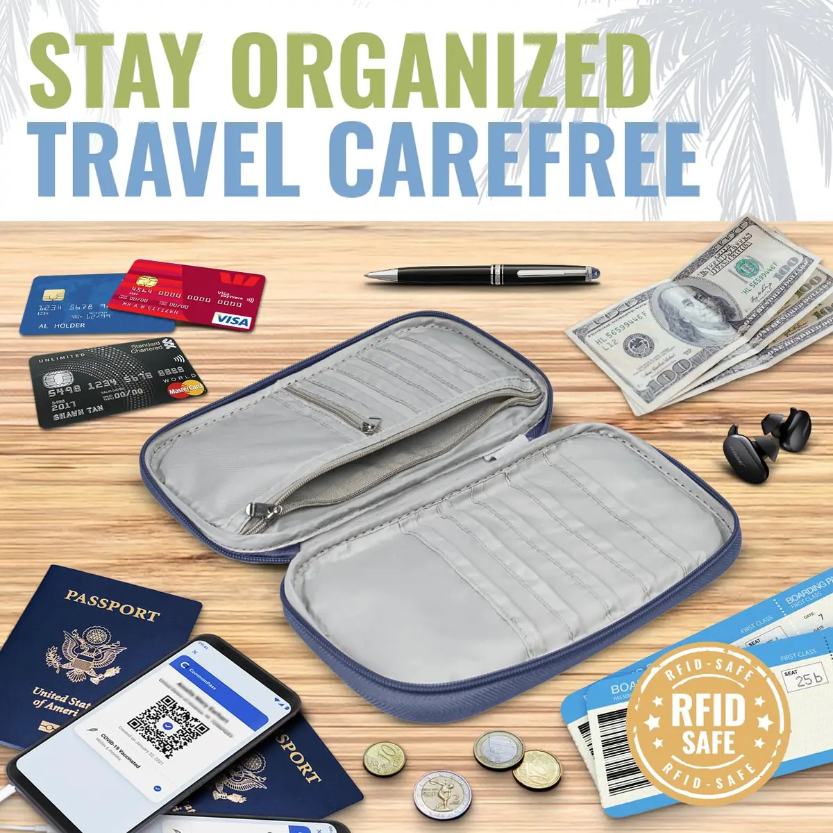 BOACAY RFID Blocking Travel Document Organizer with Wristlet, Family Passport Holder & Wallet 13cm x 22.5cm (Violet Blue) | Waterproof Case for Cards, Boarding Pass, Money - view 4