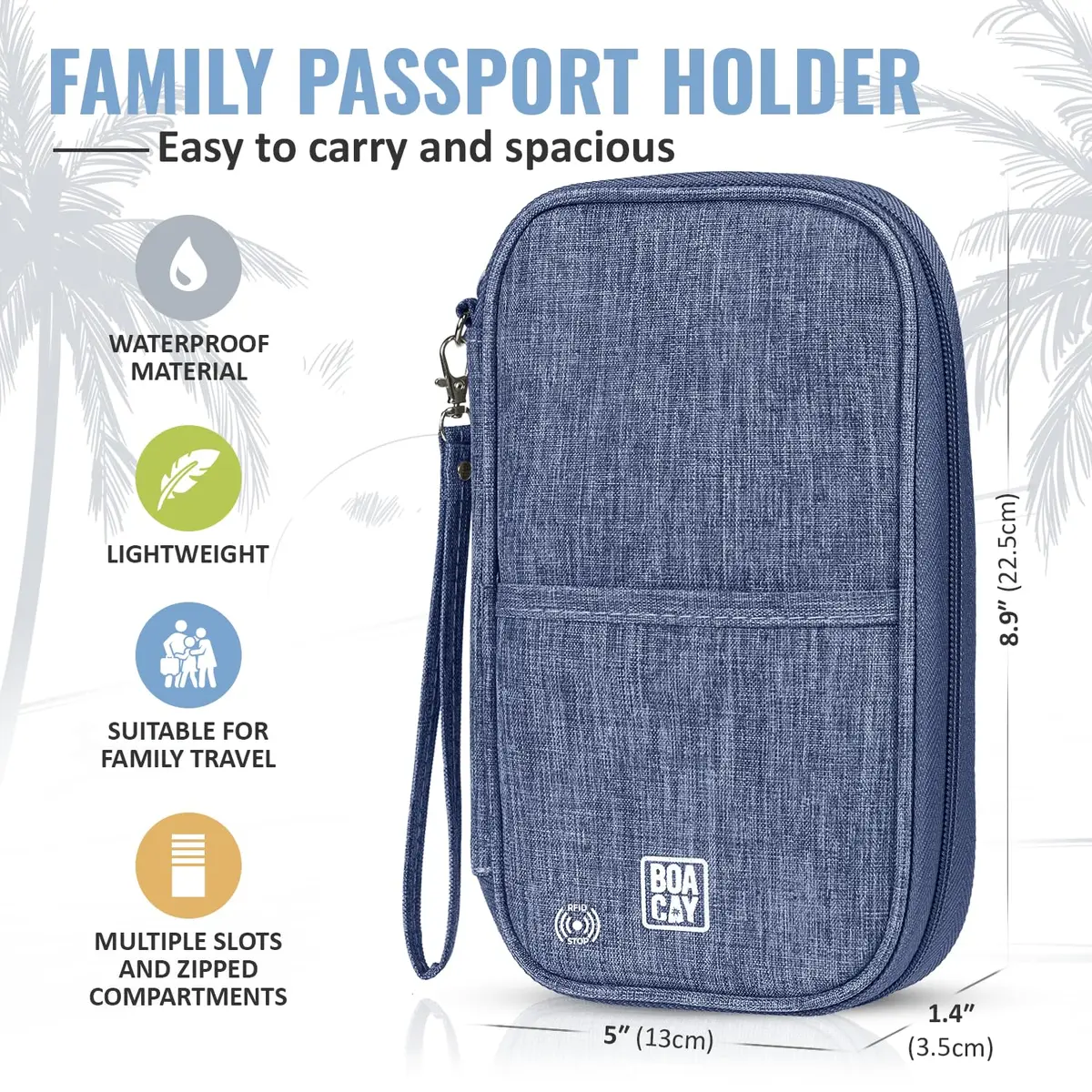 BOACAY RFID Blocking Travel Document Organizer with Wristlet, Family Passport Holder & Wallet 13cm x 22.5cm (Violet Blue) | Waterproof Case for Cards, Boarding Pass, Money - view 3