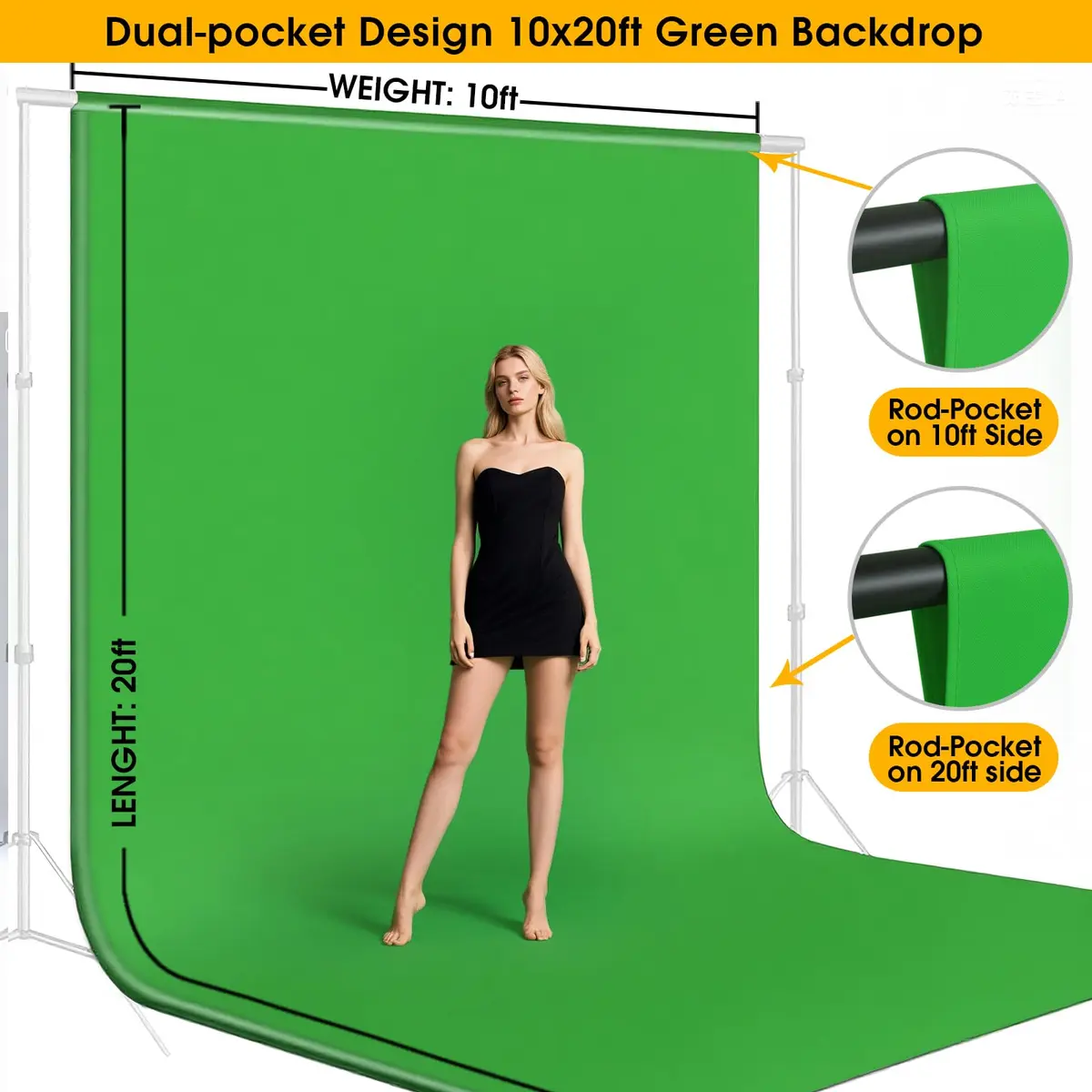 CPLIRIS 10x20ft Green Screen Backdrop for Photography, Dual-Size Dual-Pocket Design | Seamless Chromakey Background for Photoshoot & Video - view 2