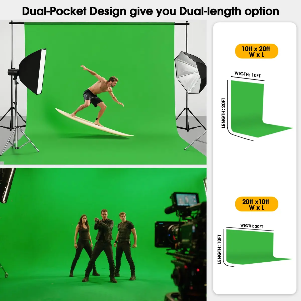 CPLIRIS 10x20ft Green Screen Backdrop for Photography, Dual-Size Dual-Pocket Design | Seamless Chromakey Background for Photoshoot & Video - view 3