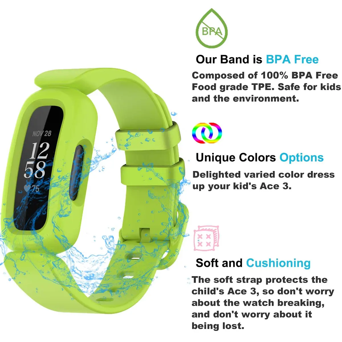 TopPerfekt Silicone Replacement Band Lime | Waterproof Sport Strap for Fitbit Ace 3 Kids - view 4