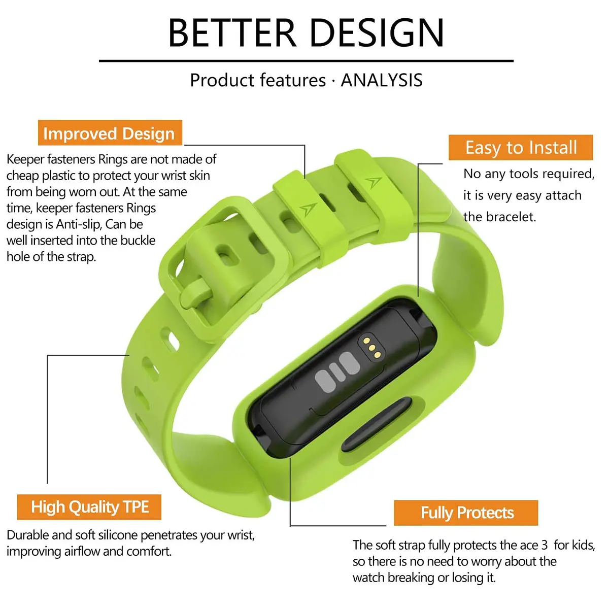 TopPerfekt Silicone Replacement Band Lime | Waterproof Sport Strap for Fitbit Ace 3 Kids - view 5