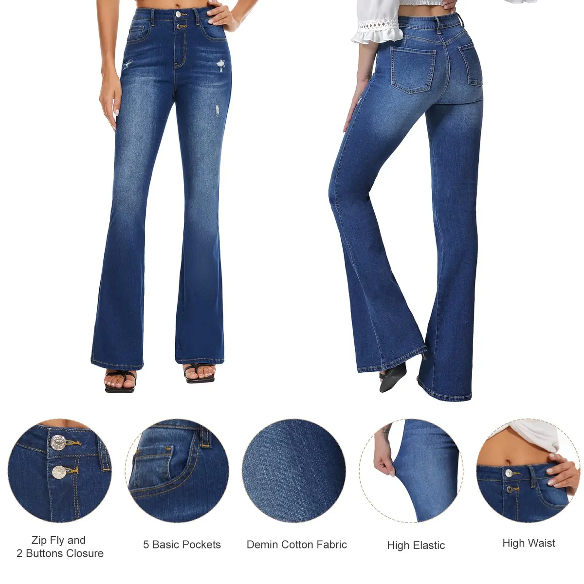 VIPONES Bell Bottom Jeans for Women High Waisted Bootcut Stretch Flare Blue Denim Pants (101, 2) | Vintage 70s Flare Fit with Comfort Stretch - view 6