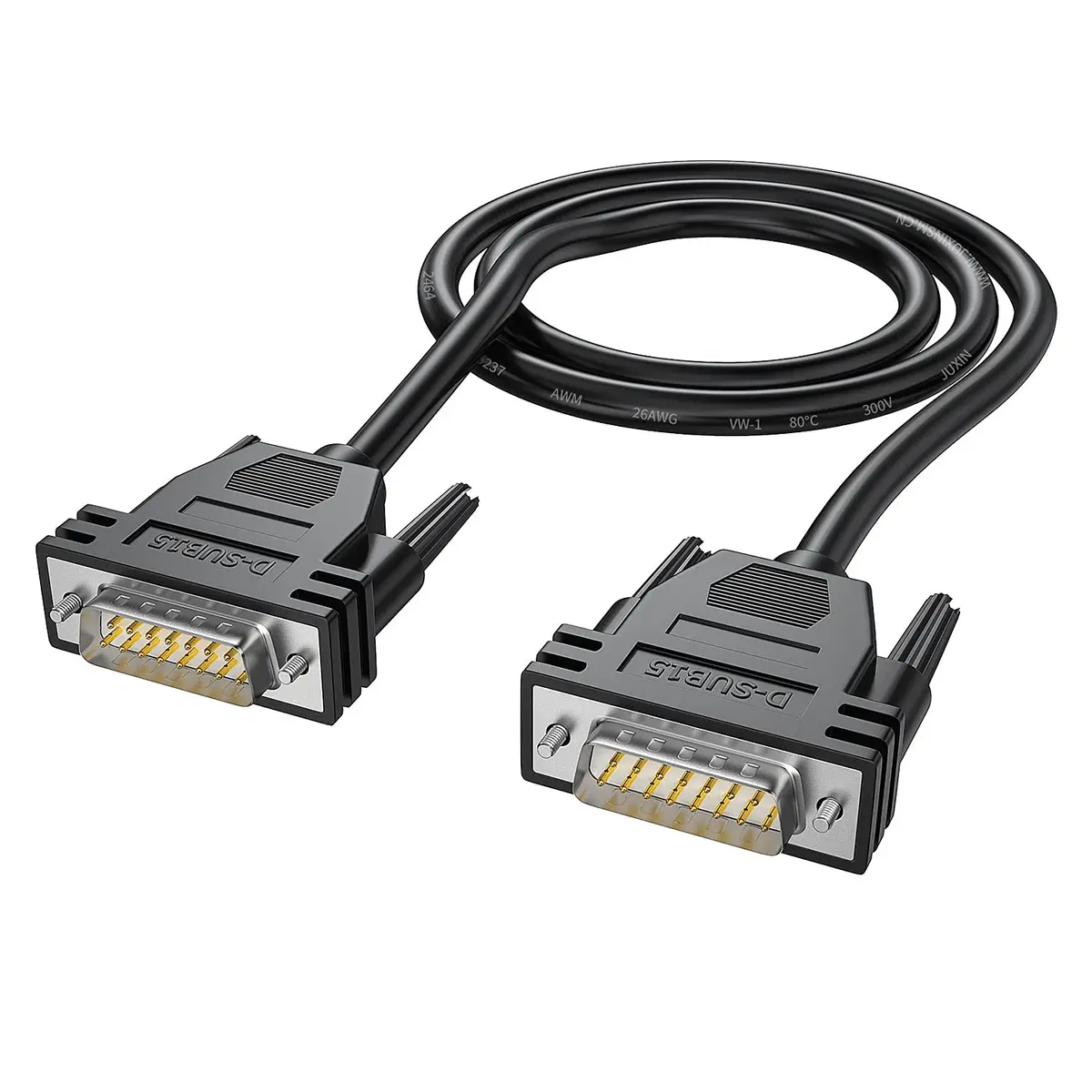JUXINICE DB15 Male to Male Serial Cable 3m (10ft) | Double Shielded Metal Braided RS232 Extension - main product image