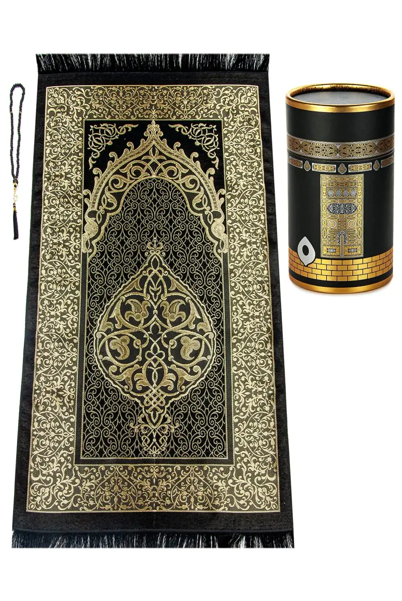 ihvan online Black Taffeta Prayer Rug - 117cm x 71cm (46" x 28") | Soft Islamic Janamaz - main product image
