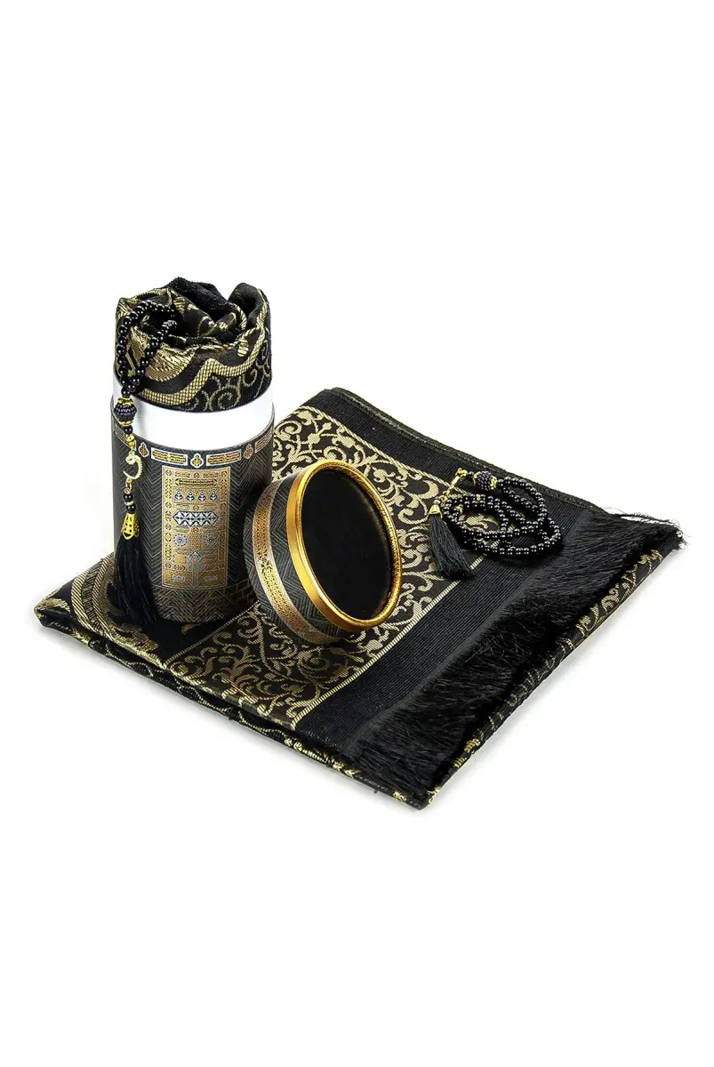 ihvan online Black Taffeta Prayer Rug - 117cm x 71cm (46" x 28") | Soft Islamic Janamaz - view 3