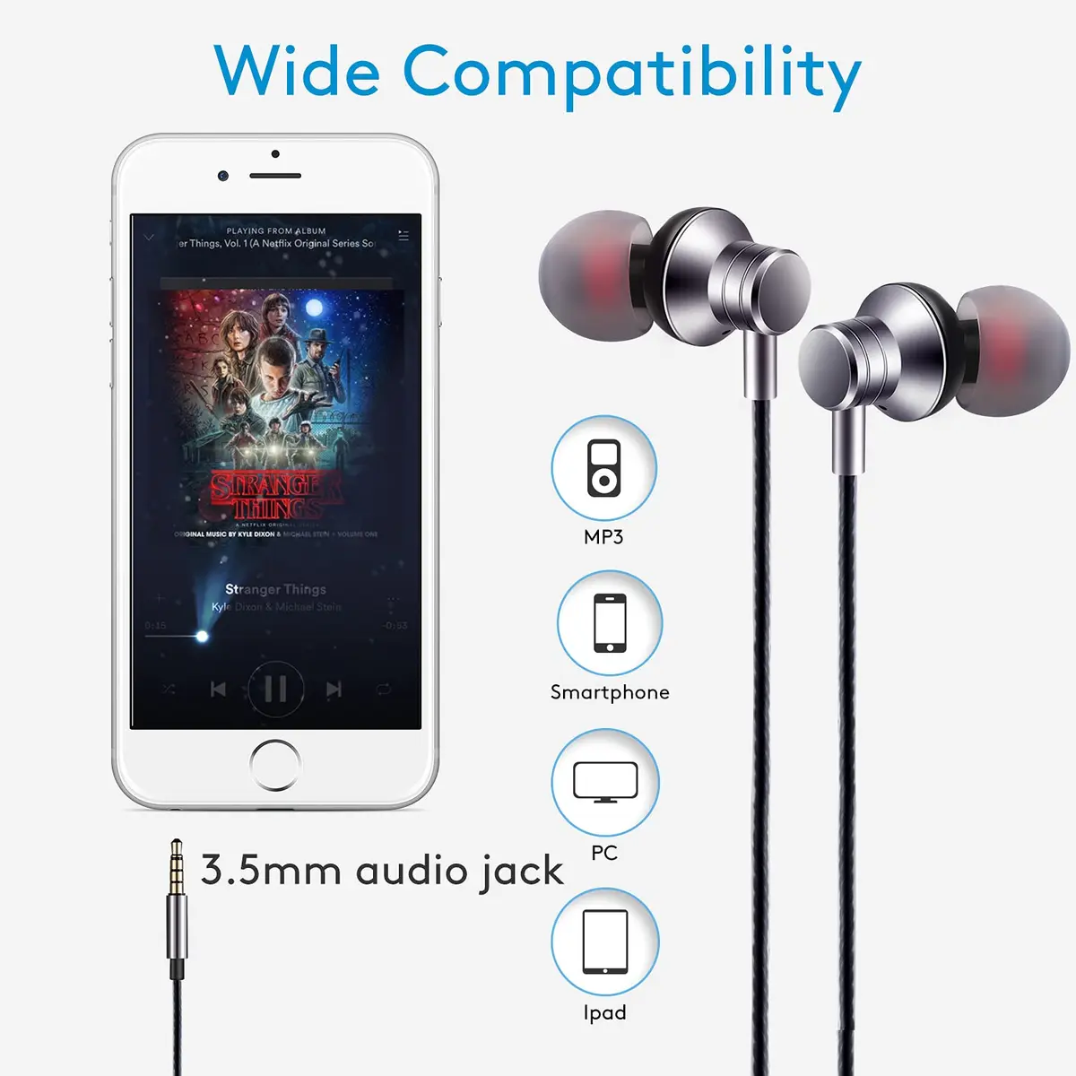 Empsun Wired Earbuds Headphones with Microphone Stereo Bass Earphones Noise Isolation in-Ear Headset Compatible with All Smartphones Tablets iPod IPad MP3 Player (Silver) | Noise Isolating, Comfortable Fit - view 3