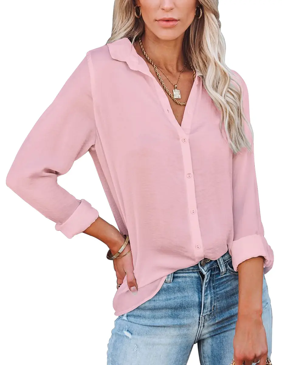 Diosun V Neck Button Down Shirts Long & Short Sleeve Pink | Casual & Breathable Fit - main product image
