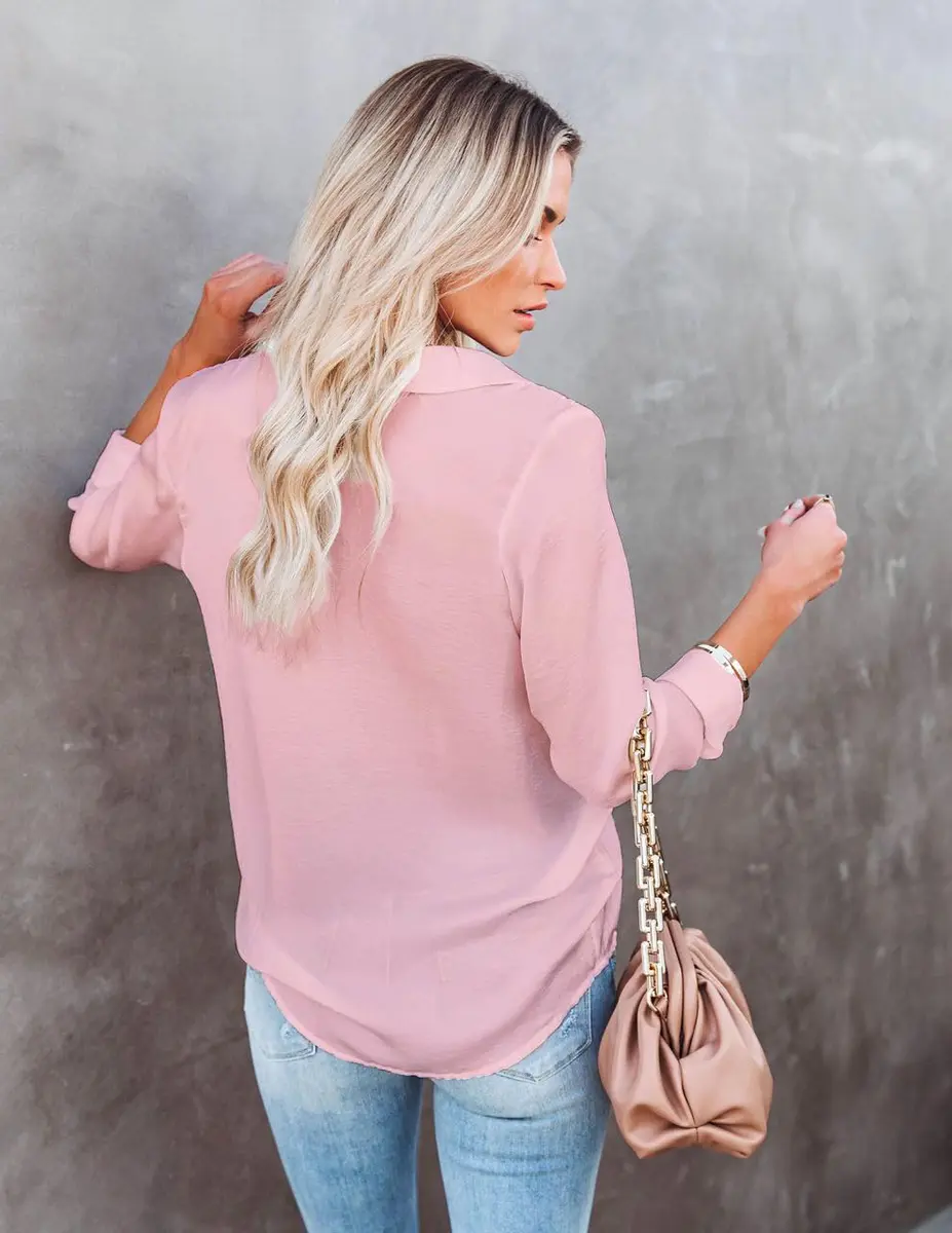 Diosun V Neck Button Down Shirts Long & Short Sleeve Pink | Casual & Breathable Fit - view 3