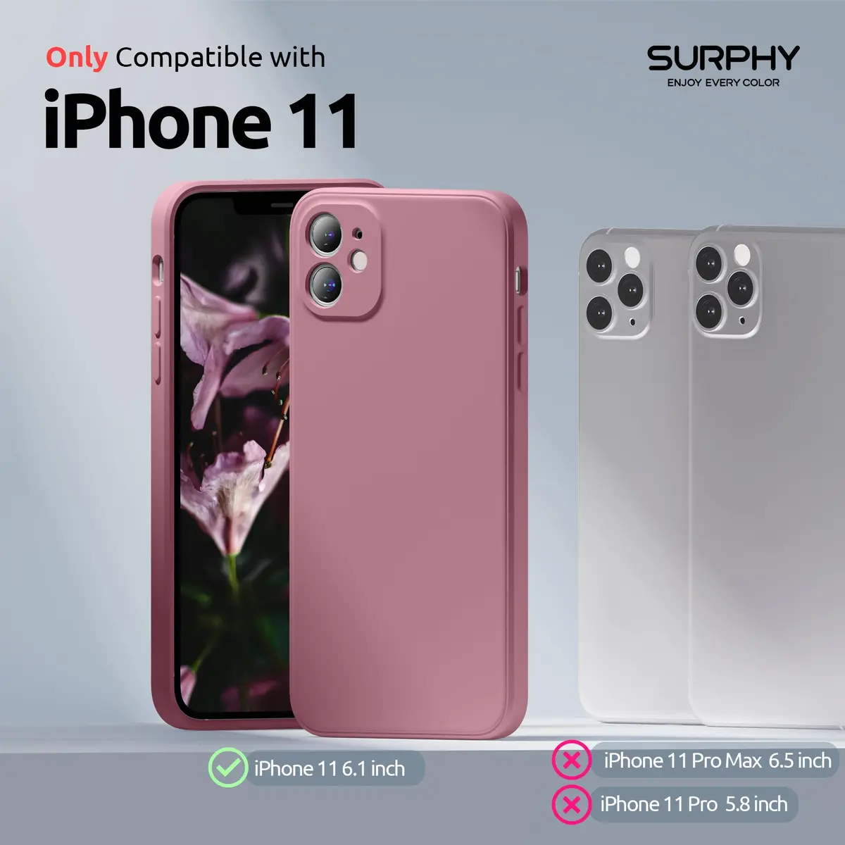 SURPHY Liquid Silicone Case for iPhone 11 (6.1 inches) with Camera Protection, Straight Edge Slim Design, Lilac Purple | Supports Wireless Charging - view 2