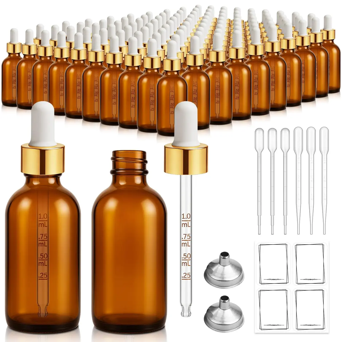 Bumobum 99 Pack 2 oz Amber Glass Dropper Bottles | Leakproof, Travel-Friendly, Essential Oil Storage - main product image