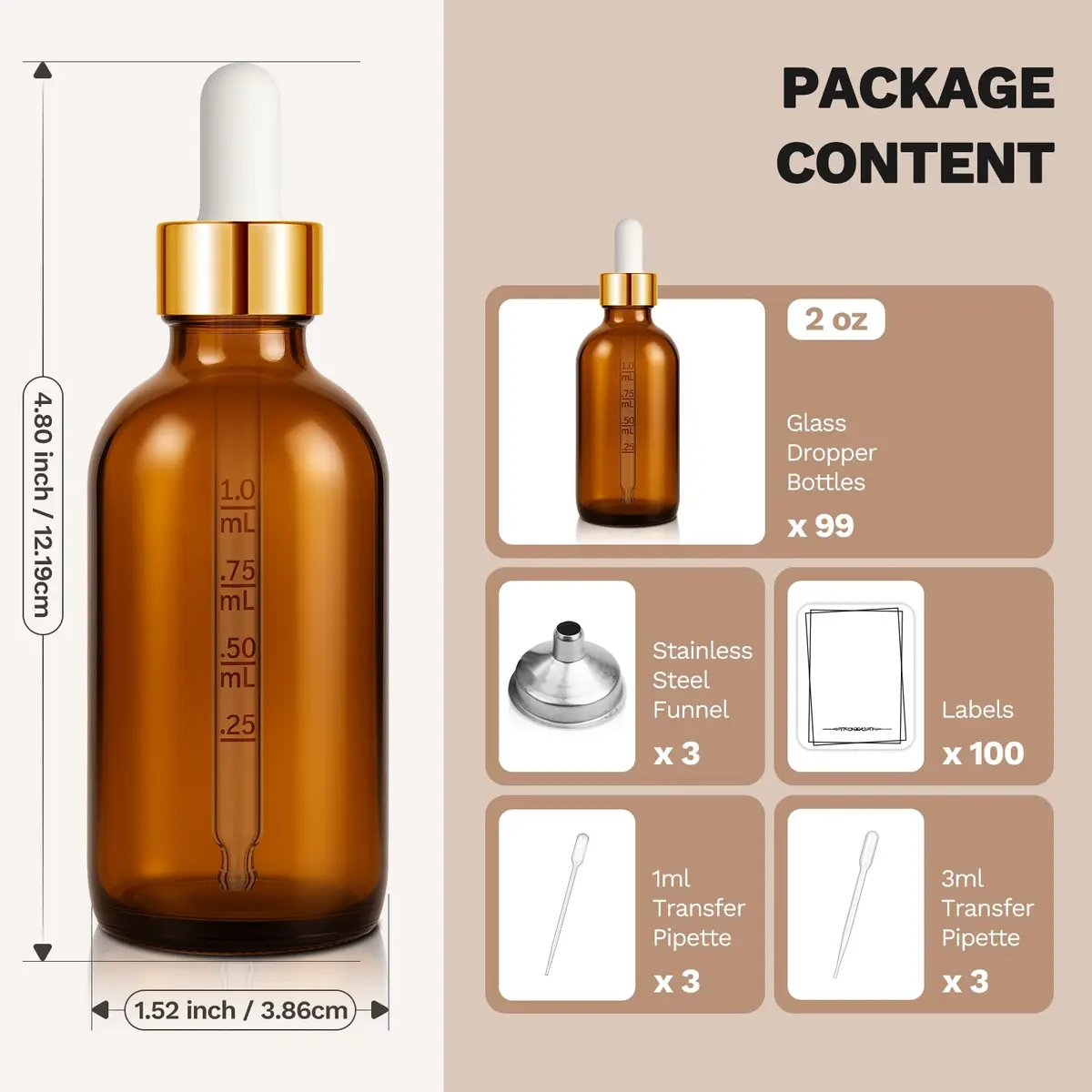 Bumobum 99 Pack 2 oz Amber Glass Dropper Bottles | Leakproof, Travel-Friendly, Essential Oil Storage - view 6