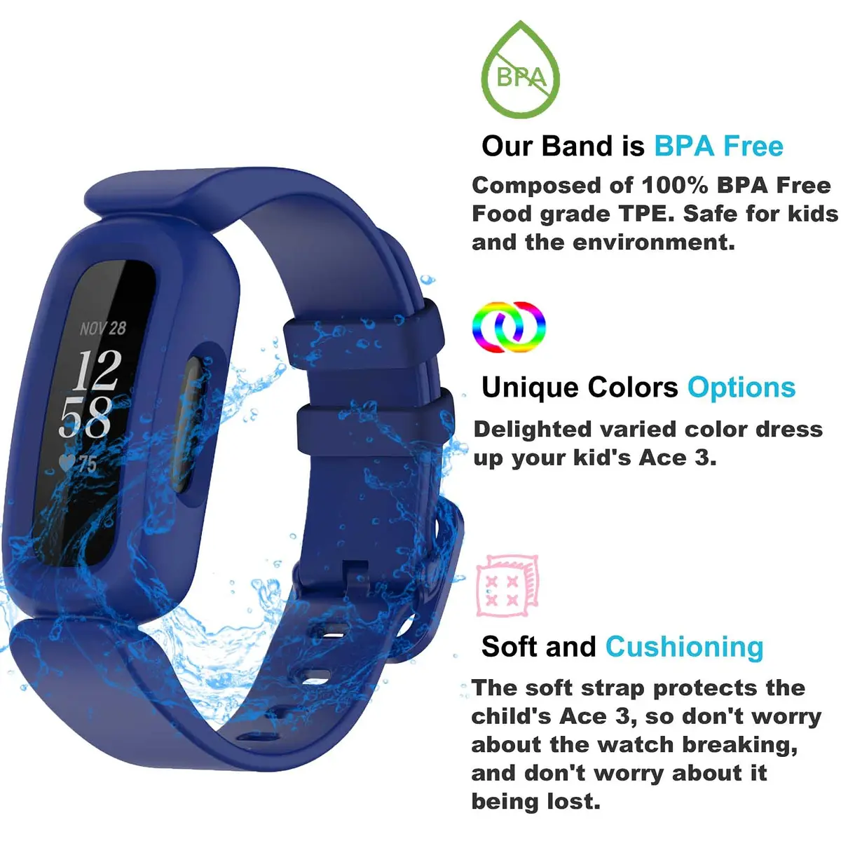 TopPerfekt Silicone Replacement Band for Fitbit Ace 3 | Waterproof Kids Watch Strap (Blue) - view 4
