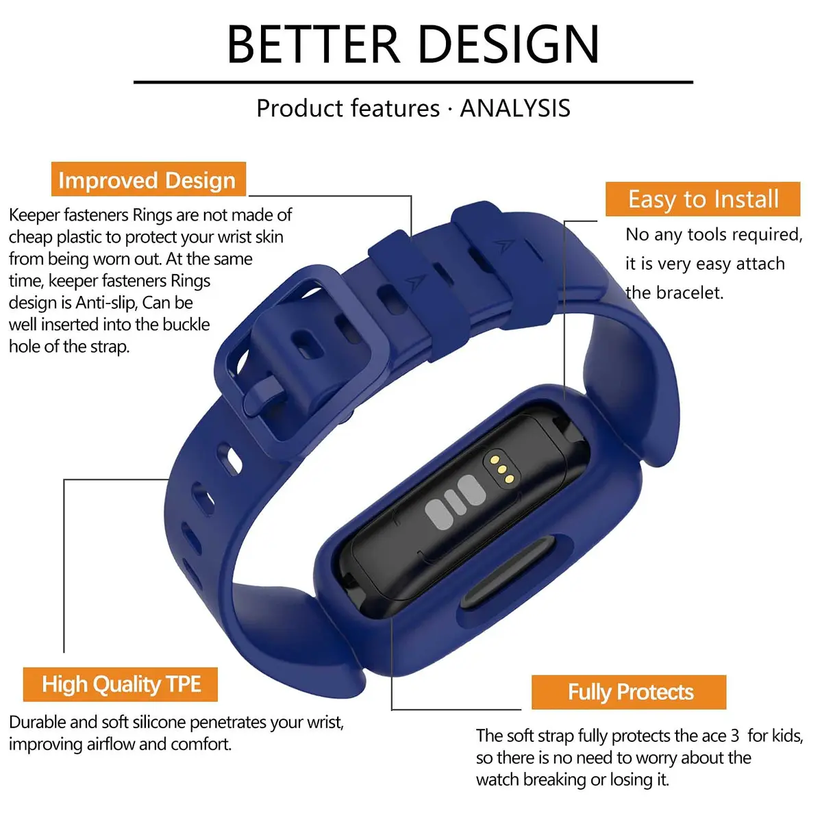 TopPerfekt Silicone Replacement Band for Fitbit Ace 3 | Waterproof Kids Watch Strap (Blue) - view 5
