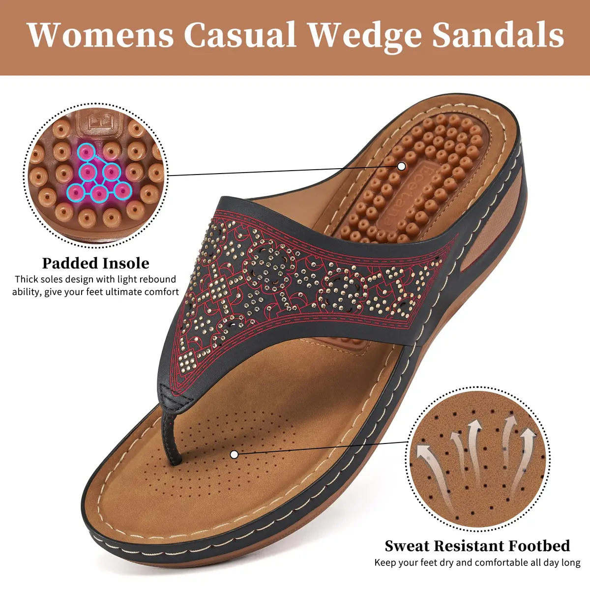 Ecetana Wedge Sandals for Women Comfortable Casual Stylish Flip Flops | 2.16 Inch Heel - view 4
