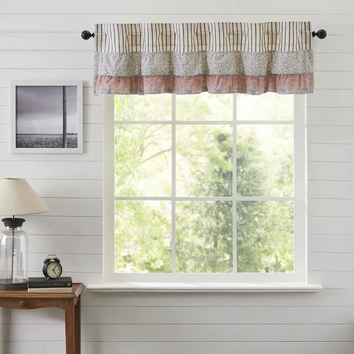 VHC Brands Kaila Country Cottage Ruffled Blue Ticking Stripe Kitchen Curtain Valance 16x60 | Vintage, Light-Filtering Cotton - main product image