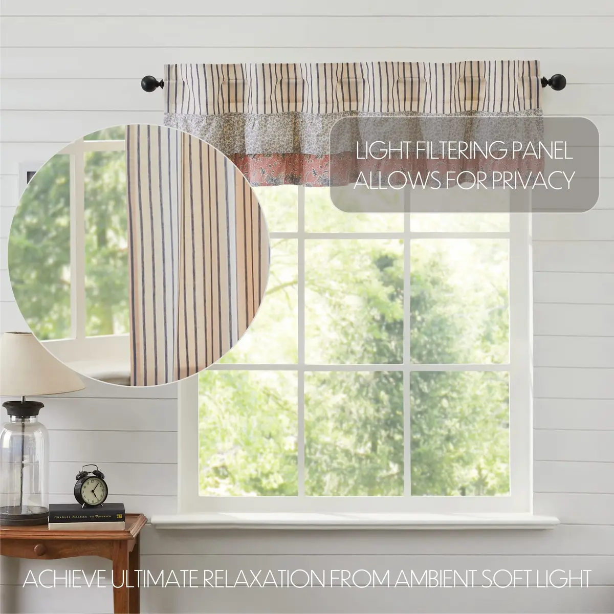 VHC Brands Kaila Country Cottage Ruffled Blue Ticking Stripe Kitchen Curtain Valance 16x60 | Vintage, Light-Filtering Cotton - view 3