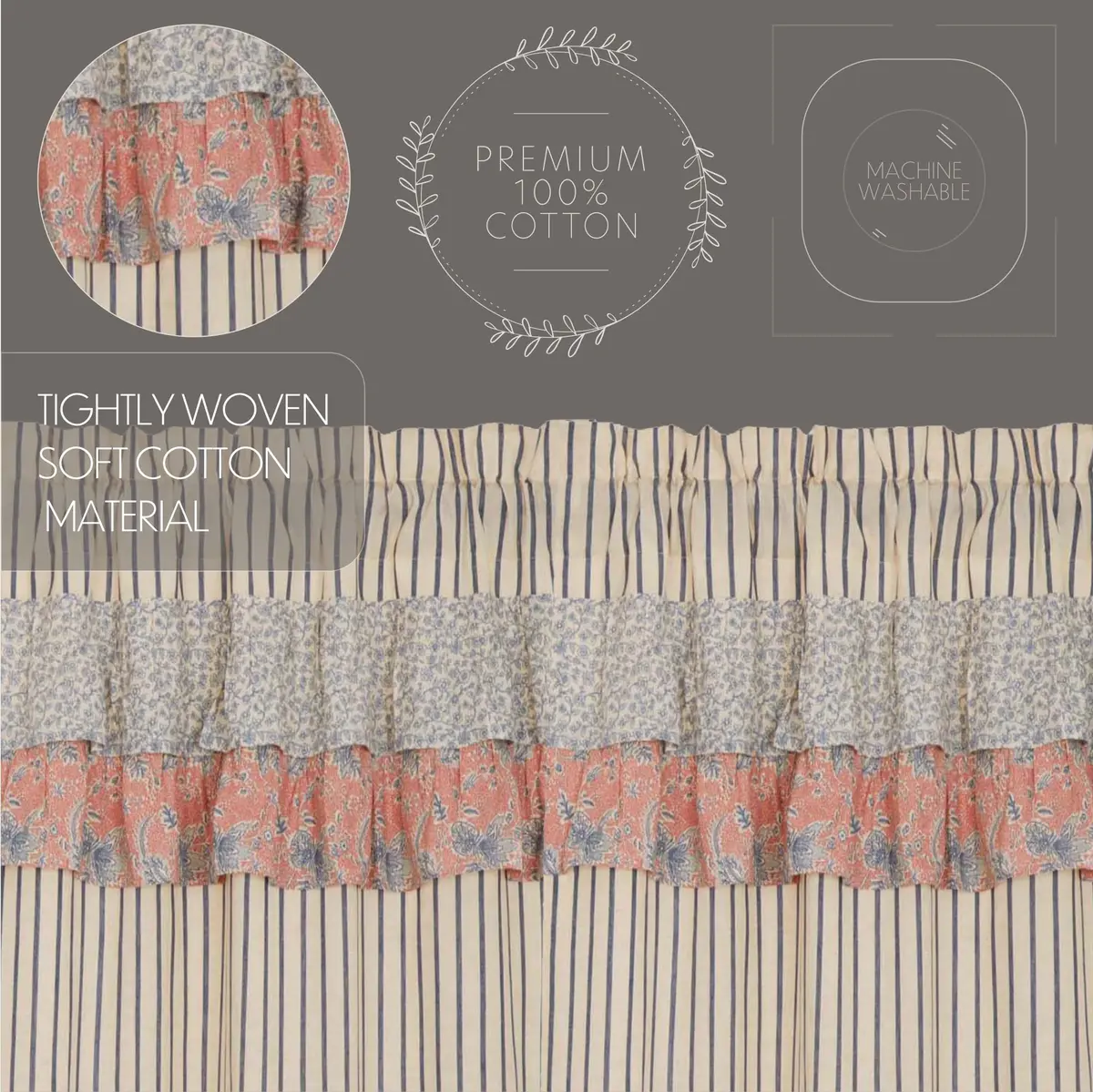 VHC Brands Kaila Country Cottage Ruffled Blue Ticking Stripe Kitchen Curtain Valance 16x60 | Vintage, Light-Filtering Cotton - view 4