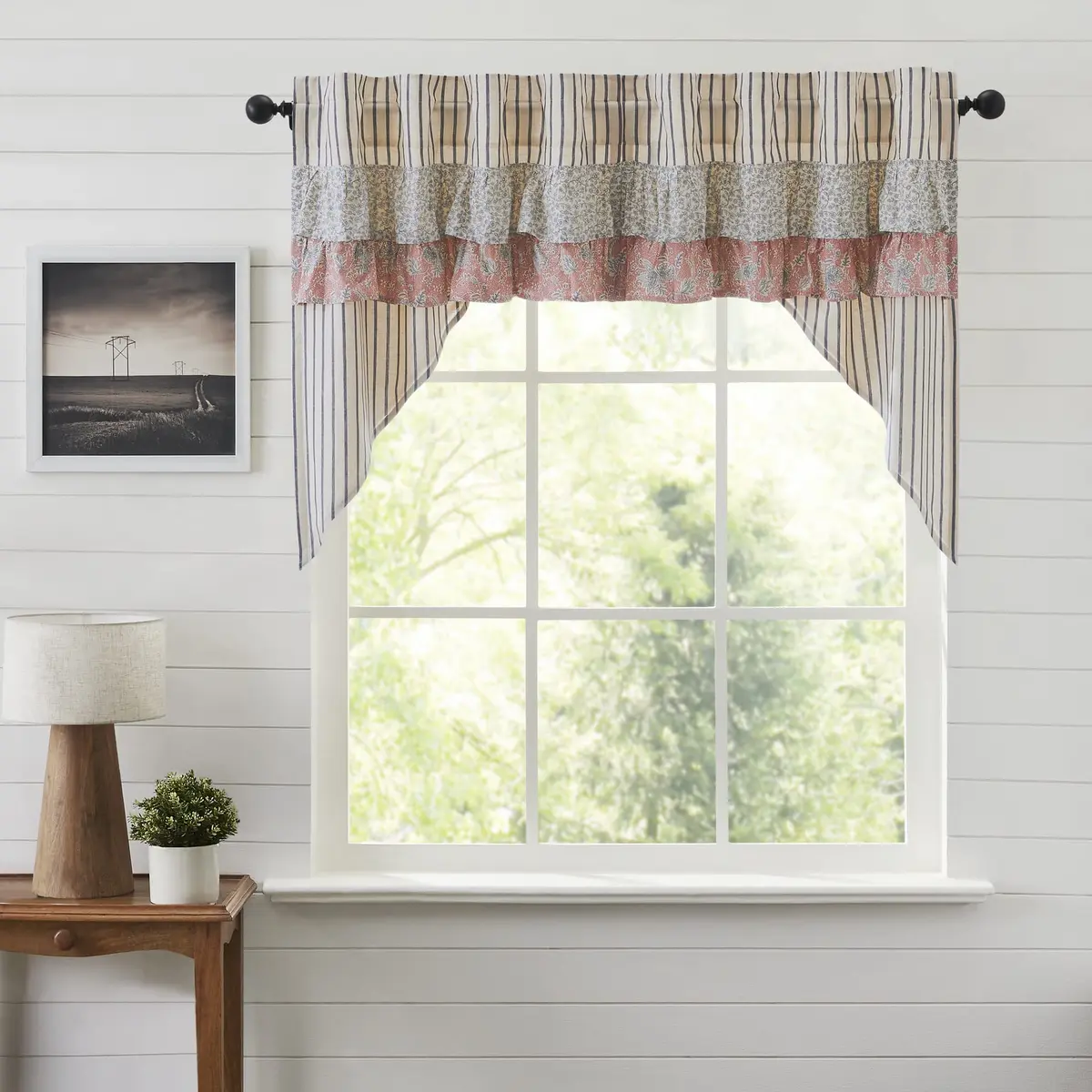 VHC Brands Kaila Country Cottage Ruffled Blue Ticking Stripe Kitchen Curtain Swag Set 36x36x16 | Farmhouse Charm with Light Filtering Privacy - main product image