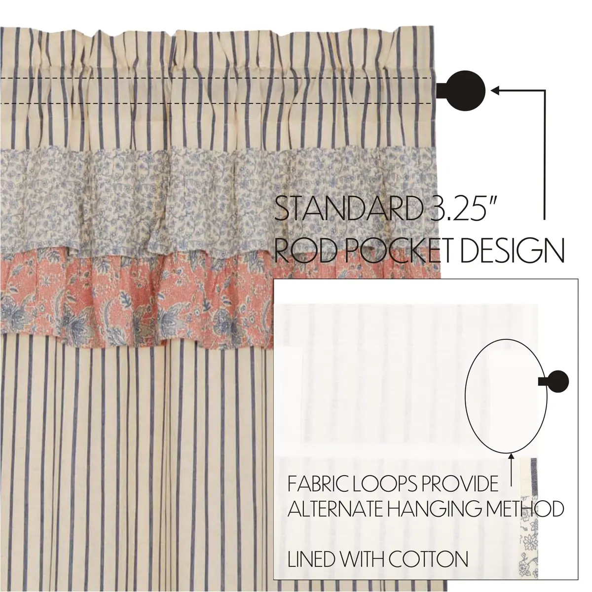 VHC Brands Kaila Country Cottage Ruffled Blue Ticking Stripe Kitchen Curtain Swag Set 36x36x16 | Farmhouse Charm with Light Filtering Privacy - view 5