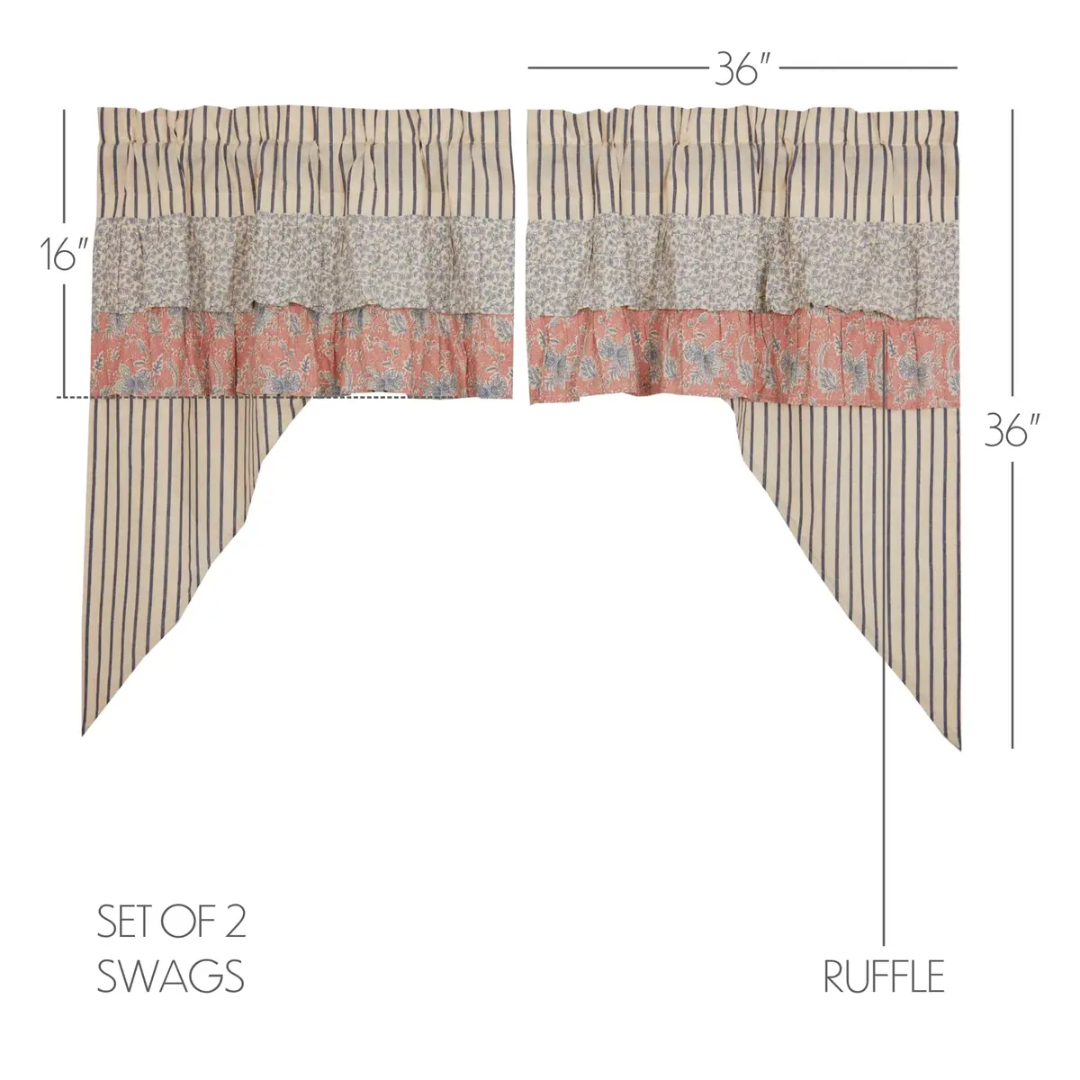 VHC Brands Kaila Country Cottage Ruffled Blue Ticking Stripe Kitchen Curtain Swag Set 36x36x16 | Farmhouse Charm with Light Filtering Privacy - view 2