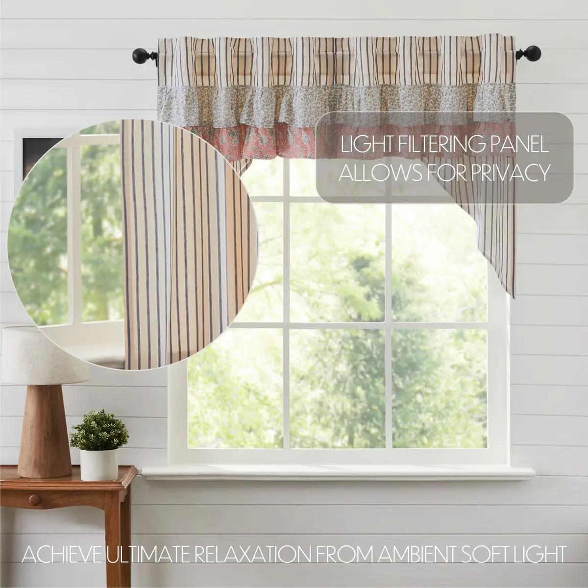 VHC Brands Kaila Country Cottage Ruffled Blue Ticking Stripe Kitchen Curtain Swag Set 36x36x16 | Farmhouse Charm with Light Filtering Privacy - view 3