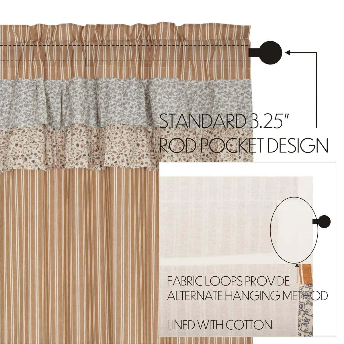 VHC Brands Kaila Country Cottage Ruffled Gold Ticking Stripe Curtain Swag Set 36x36x16 | Farmhouse Charm with Light Filtering Style - view 5