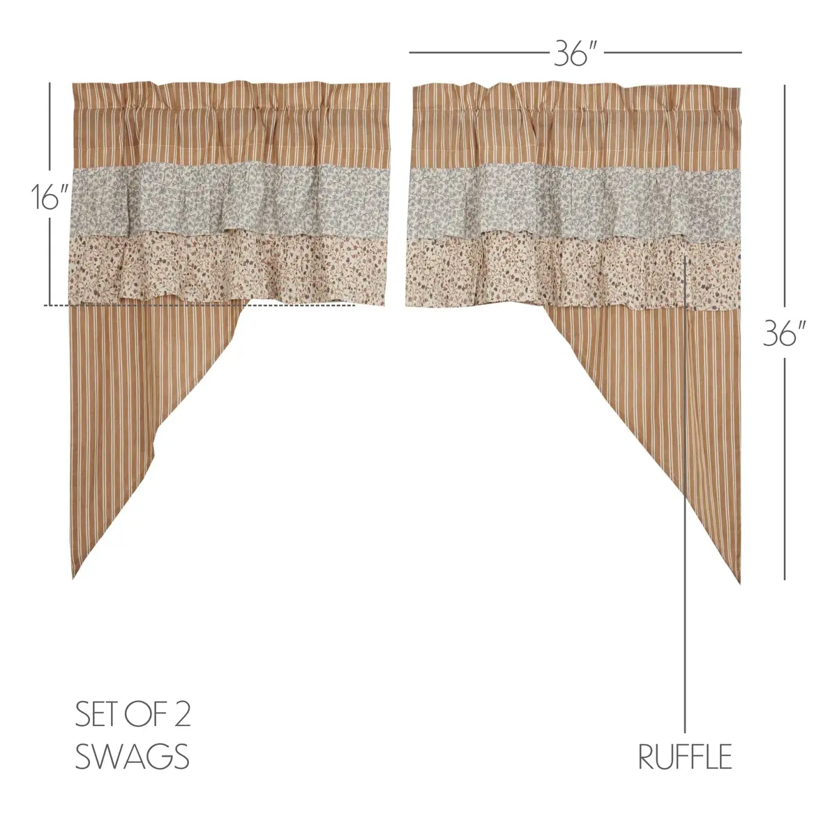 VHC Brands Kaila Country Cottage Ruffled Gold Ticking Stripe Curtain Swag Set 36x36x16 | Farmhouse Charm with Light Filtering Style - view 2