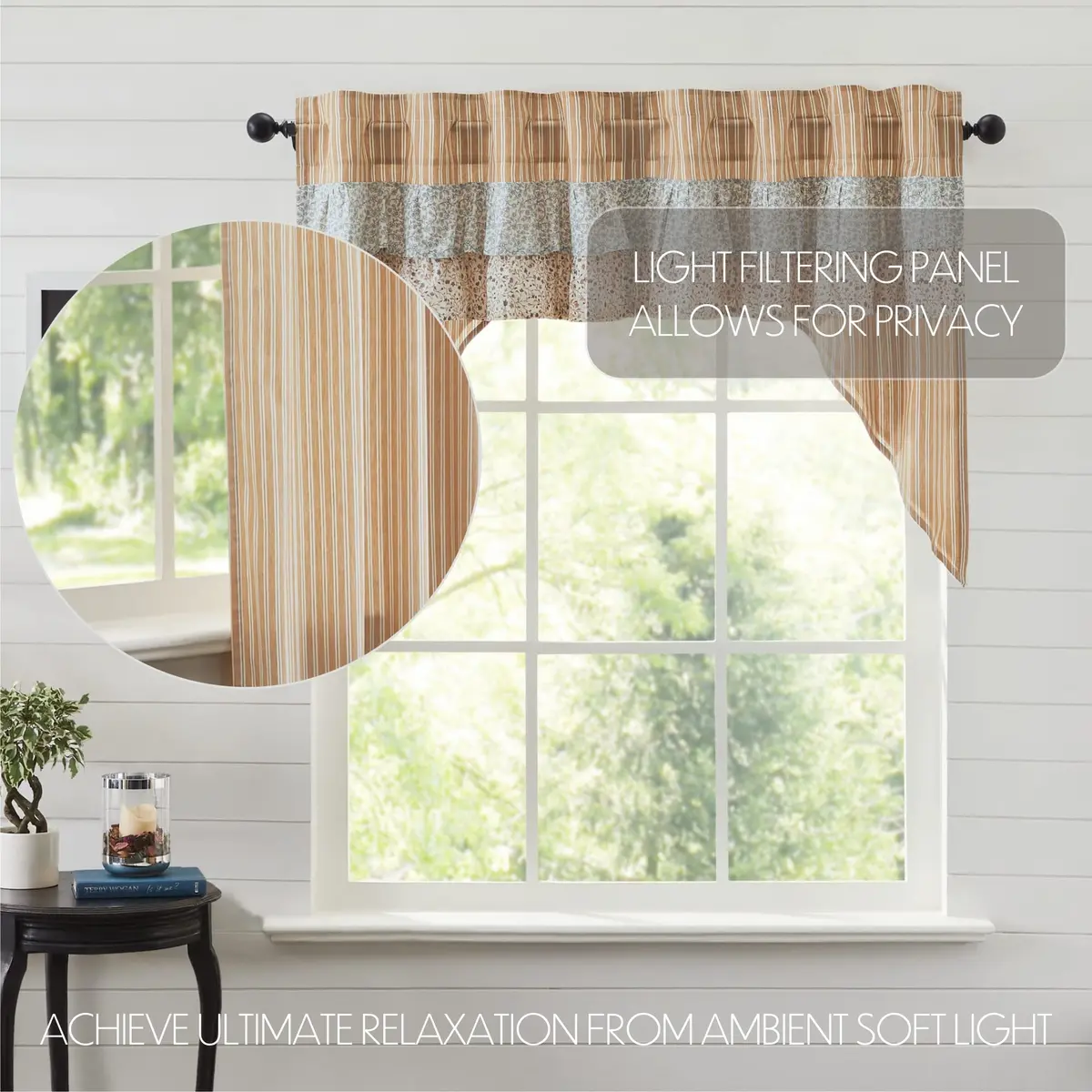 VHC Brands Kaila Country Cottage Ruffled Gold Ticking Stripe Curtain Swag Set 36x36x16 | Farmhouse Charm with Light Filtering Style - view 3