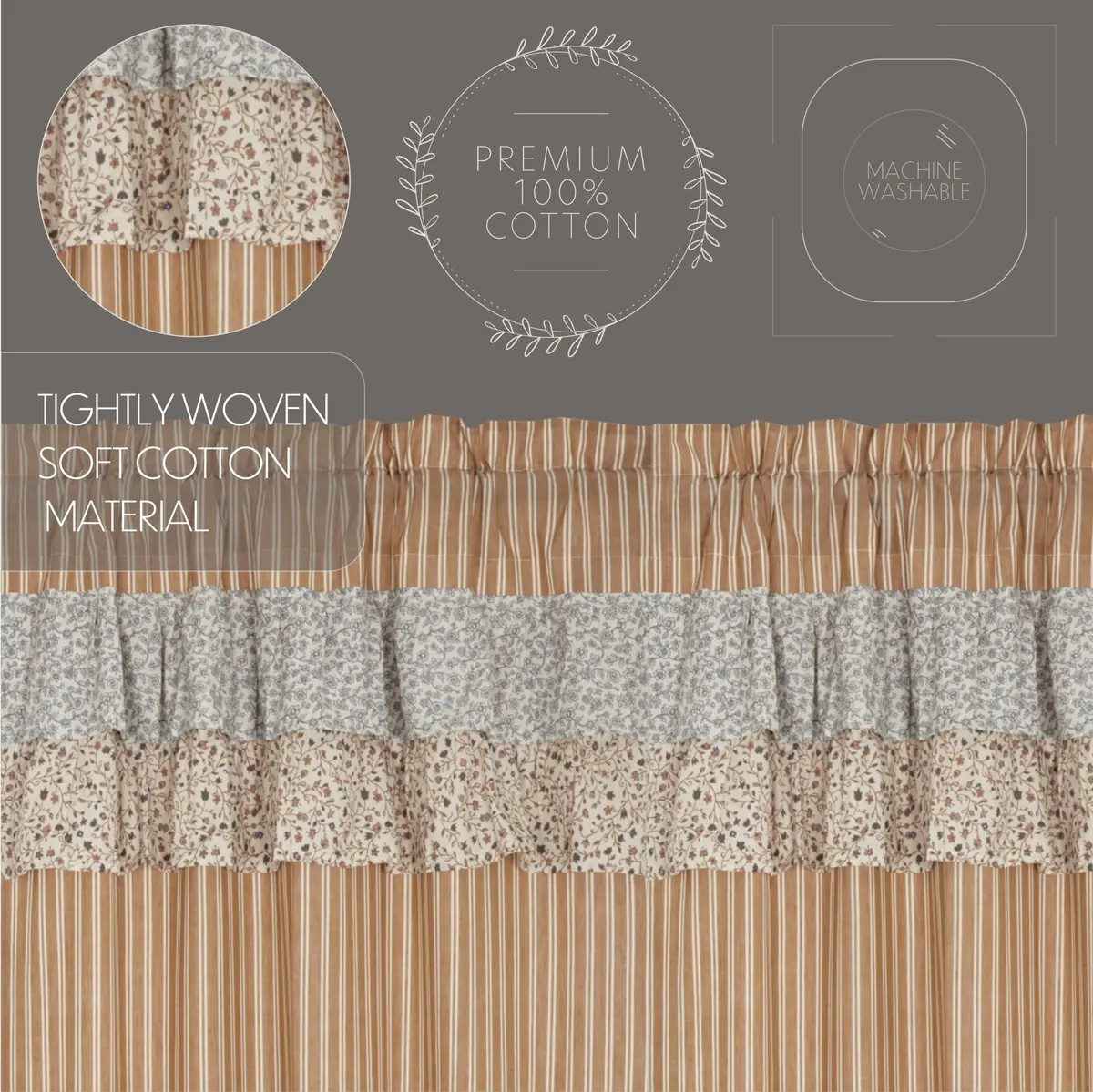 VHC Brands Kaila Country Cottage Ruffled Gold Ticking Stripe Curtain Swag Set 36x36x16 | Farmhouse Charm with Light Filtering Style - view 4